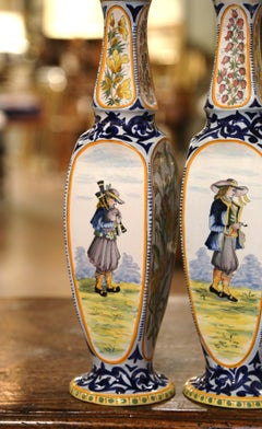 Pair of Early 20th Century French Hand Painted Faience HB Quimper Vases 1926