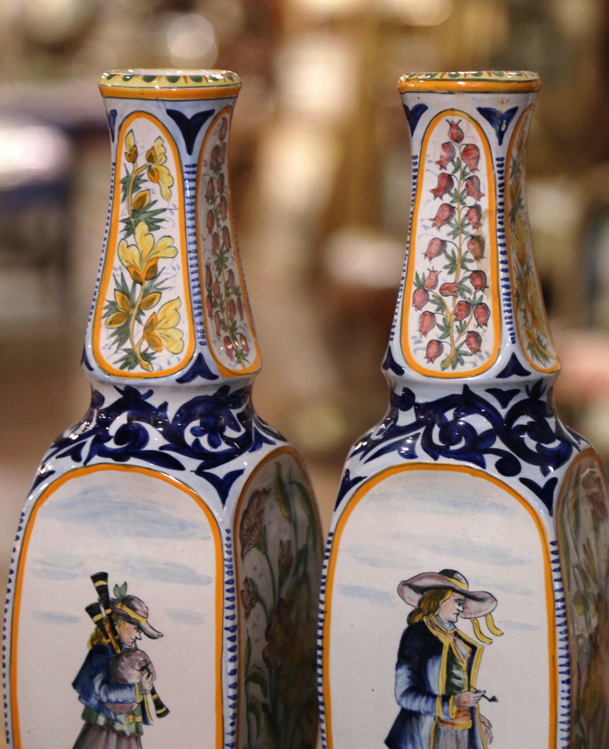 Hand-Crafted Pair of Early 20th Century French Hand Painted Faience HB Quimper Vases 1926