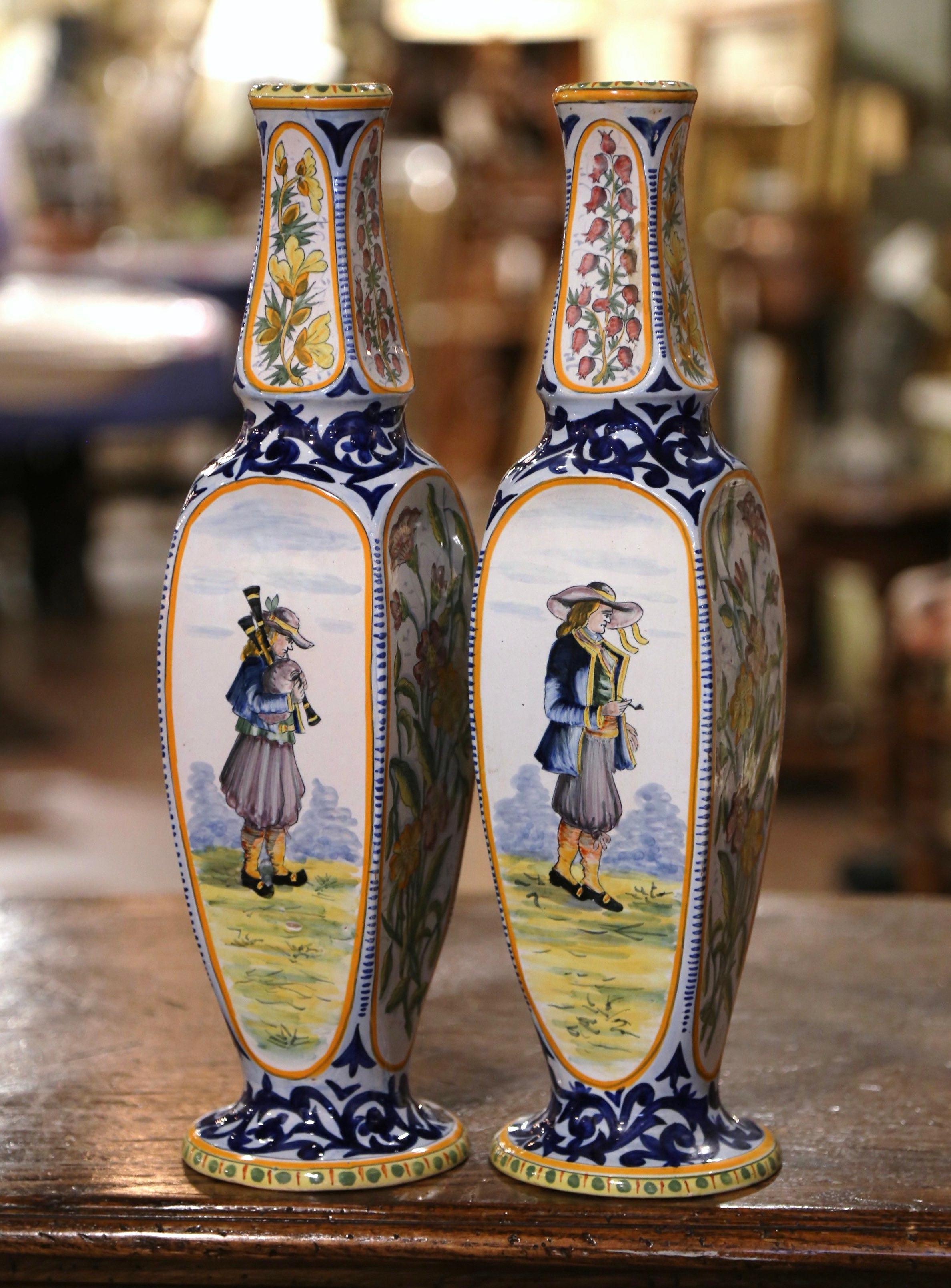 Pair of Early 20th Century French Hand Painted Faience HB Quimper Vases 1926 1
