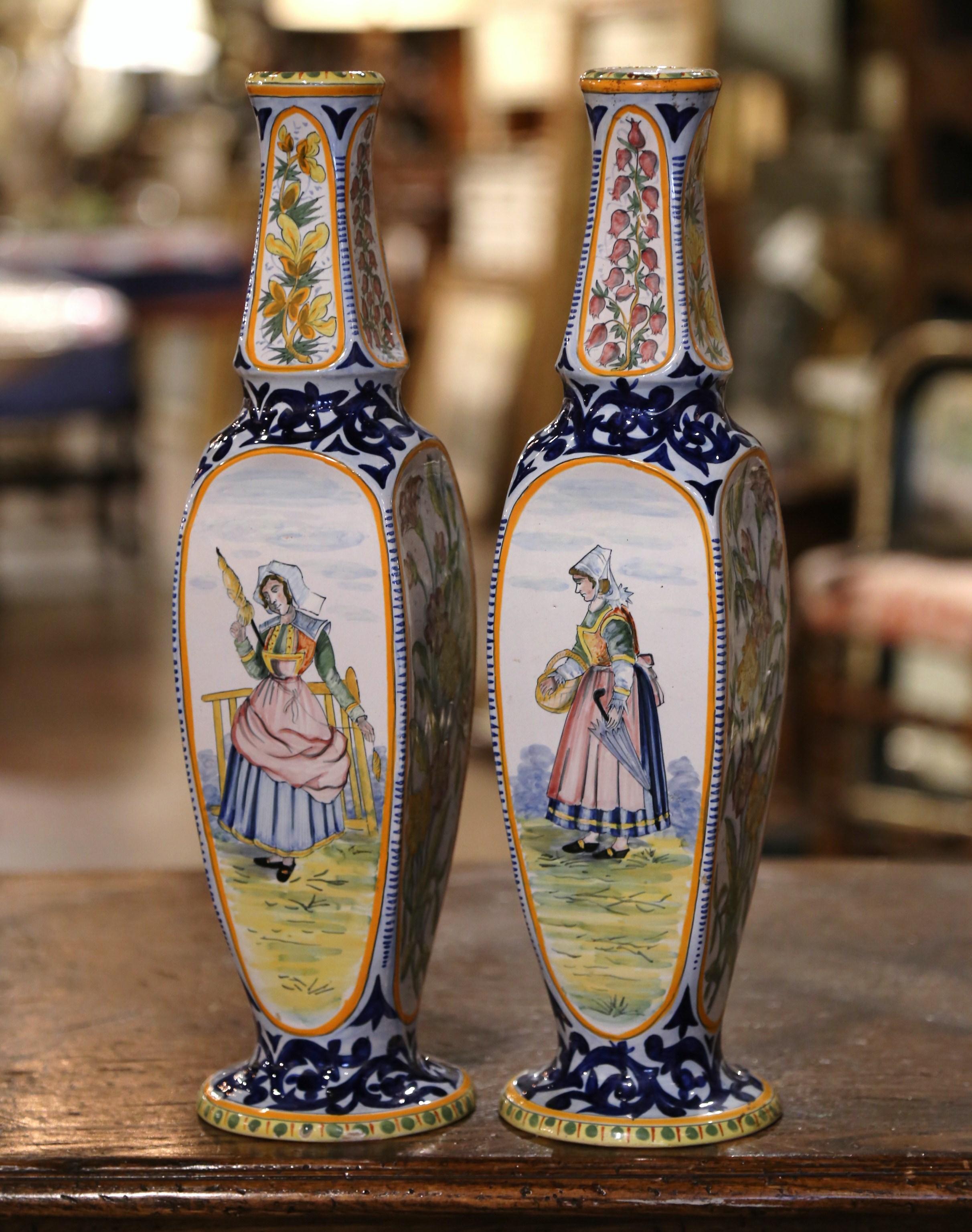 Pair of Early 20th Century French Hand Painted Faience HB Quimper Vases 1926 2
