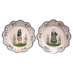 Antique Pair of Early 20th Century French Hand-Painted Faience Plates Signed HR Quimper