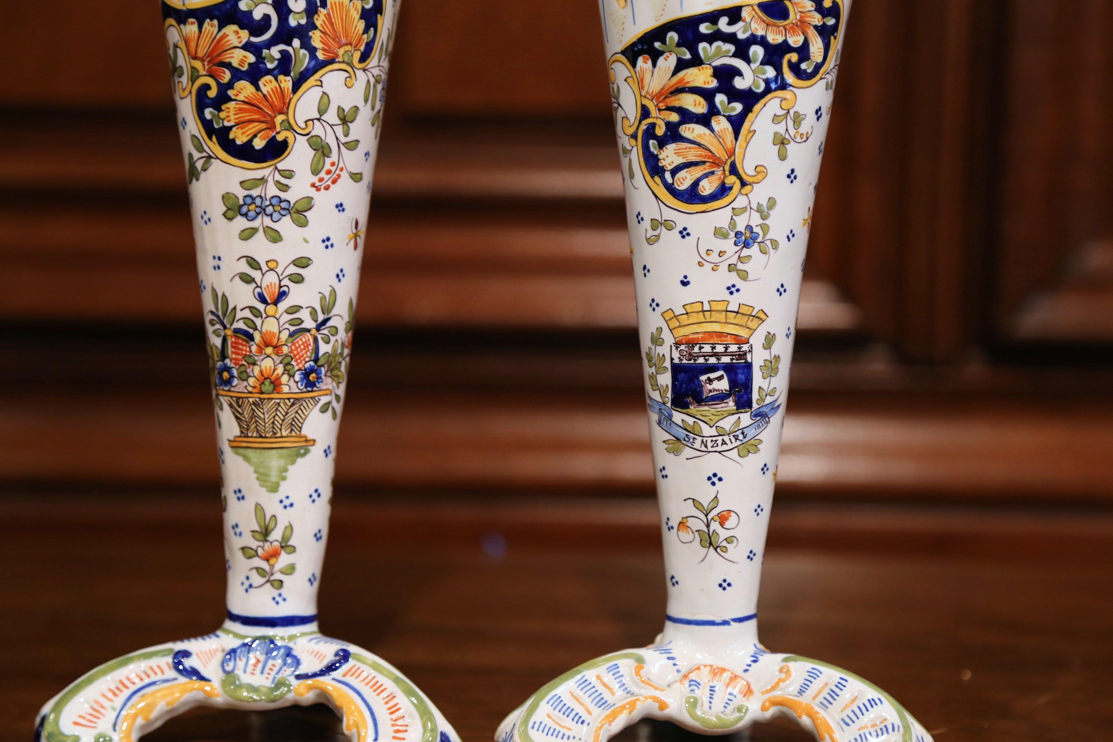 Hand-Crafted Pair of Early 20th Century French Hand Painted Faience Vases from Normandy