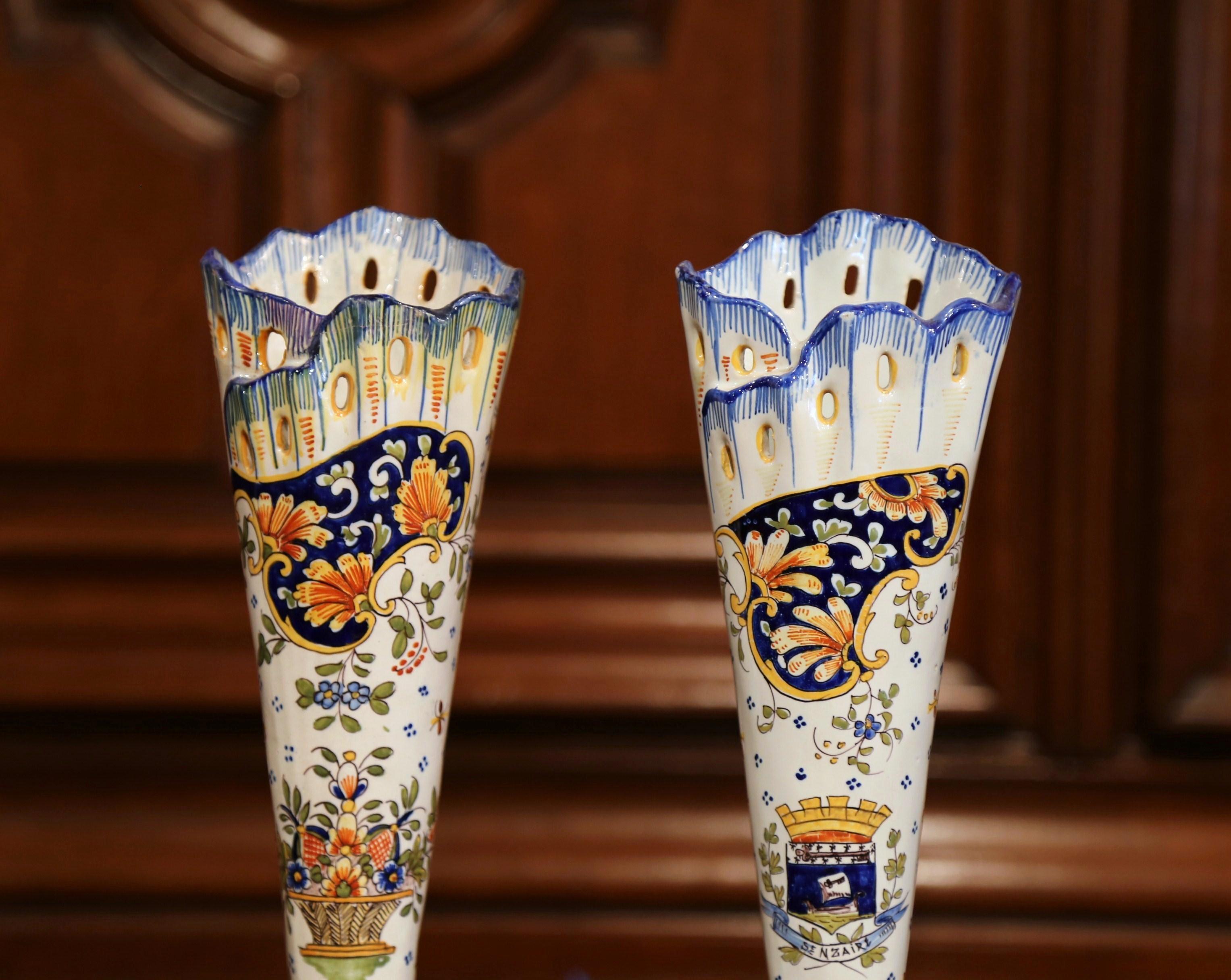 Pair of Early 20th Century French Hand Painted Faience Vases from Normandy In Excellent Condition In Dallas, TX