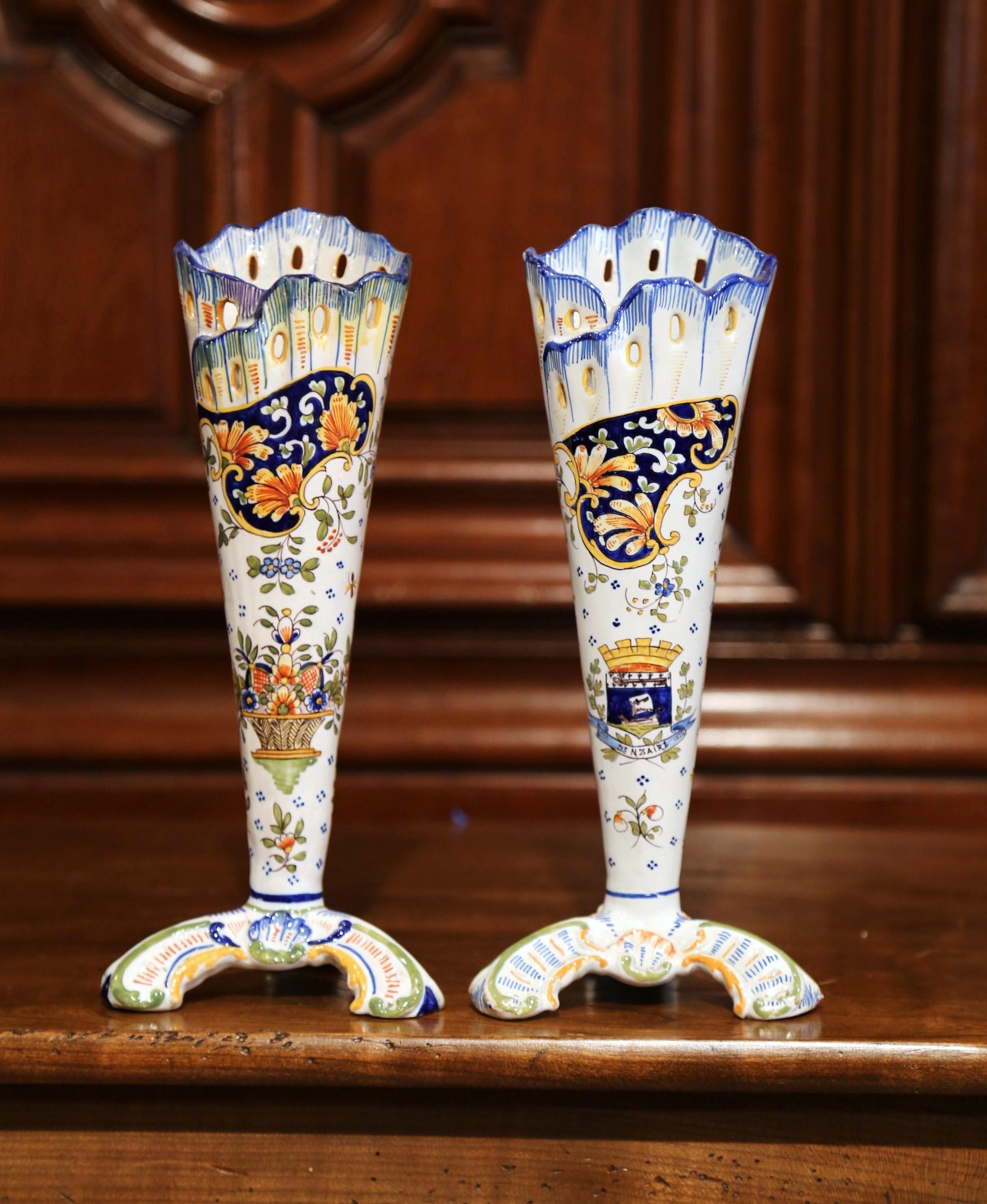 Ceramic Pair of Early 20th Century French Hand Painted Faience Vases from Normandy