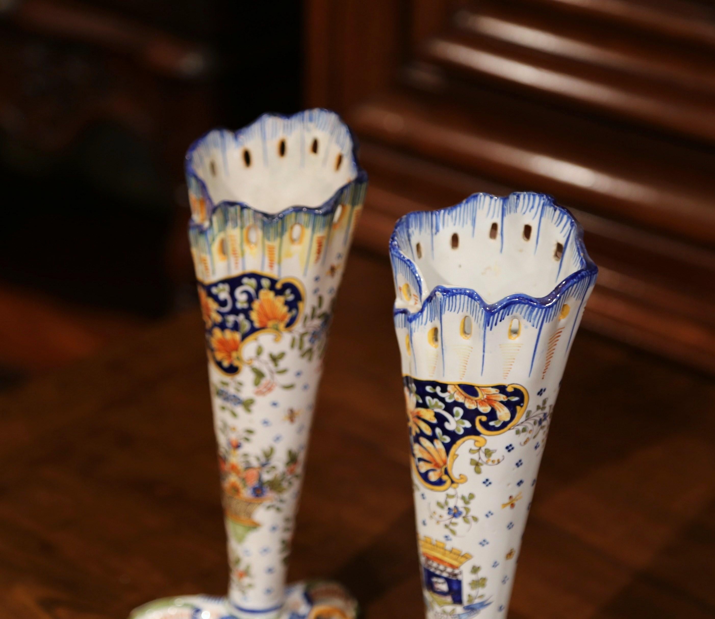 Pair of Early 20th Century French Hand Painted Faience Vases from Normandy 1