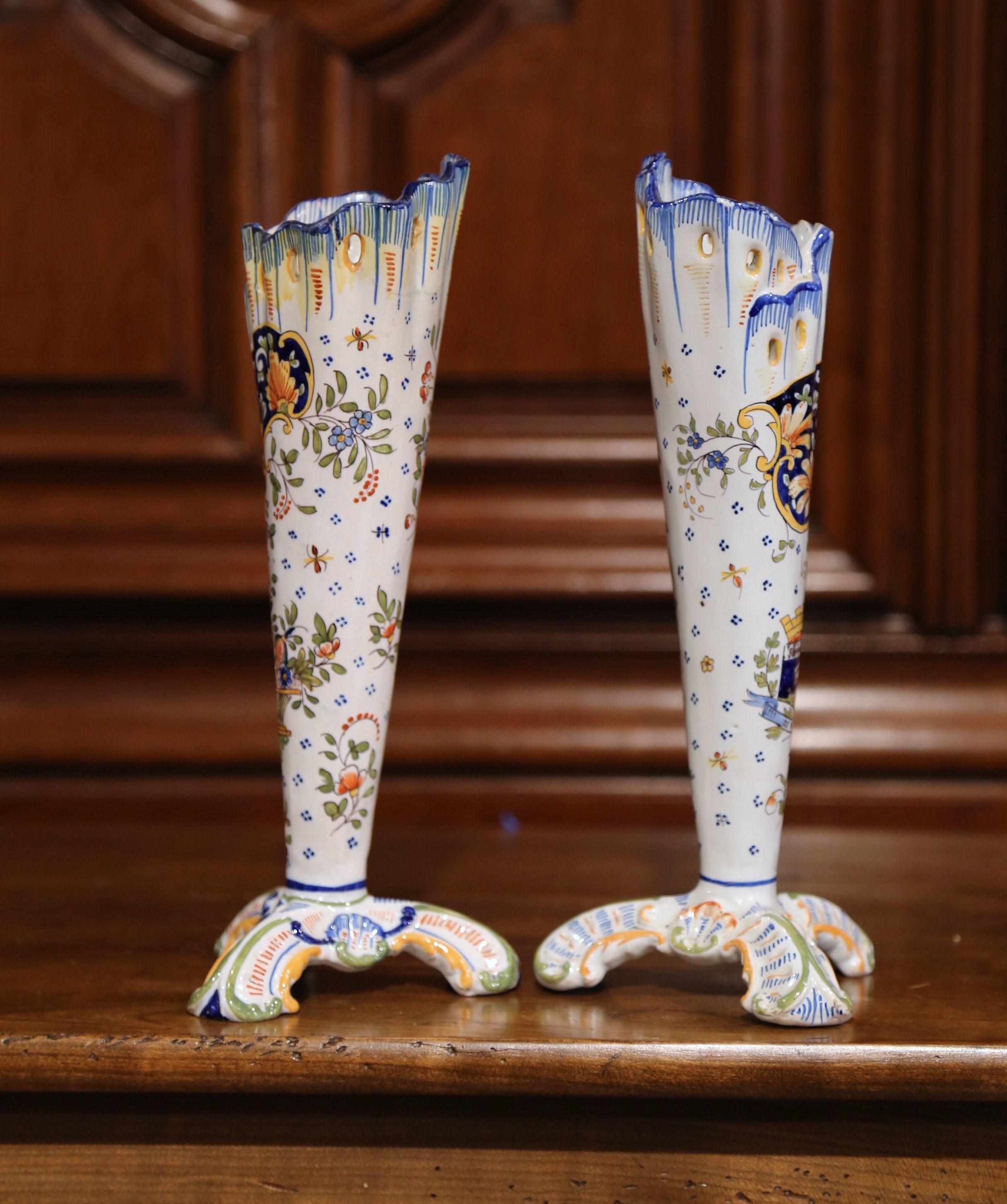 Pair of Early 20th Century French Hand Painted Faience Vases from Normandy 2