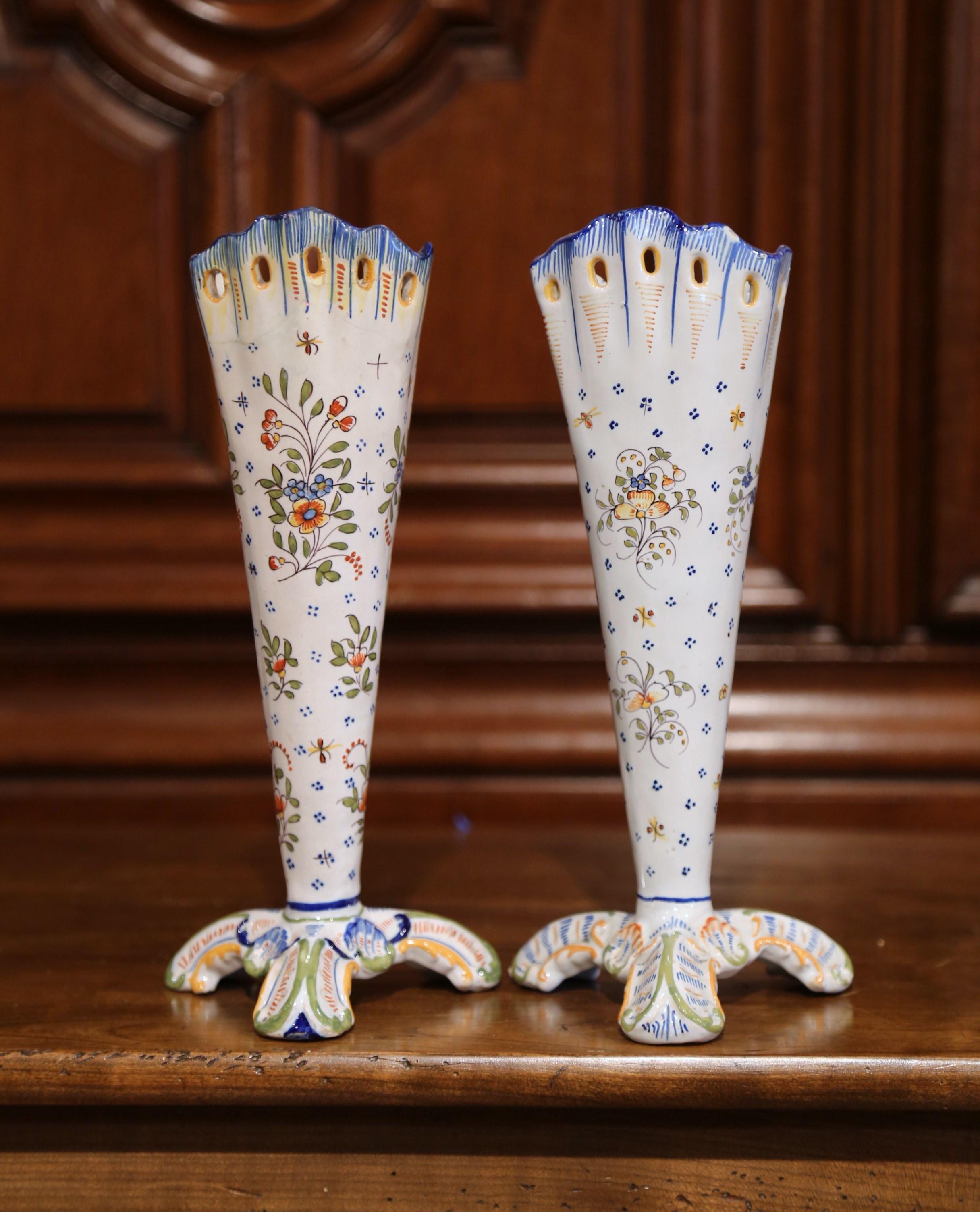 Pair of Early 20th Century French Hand Painted Faience Vases from Normandy 3