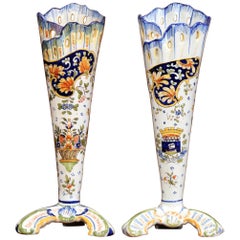 Pair of Early 20th Century French Hand Painted Faience Vases from Normandy