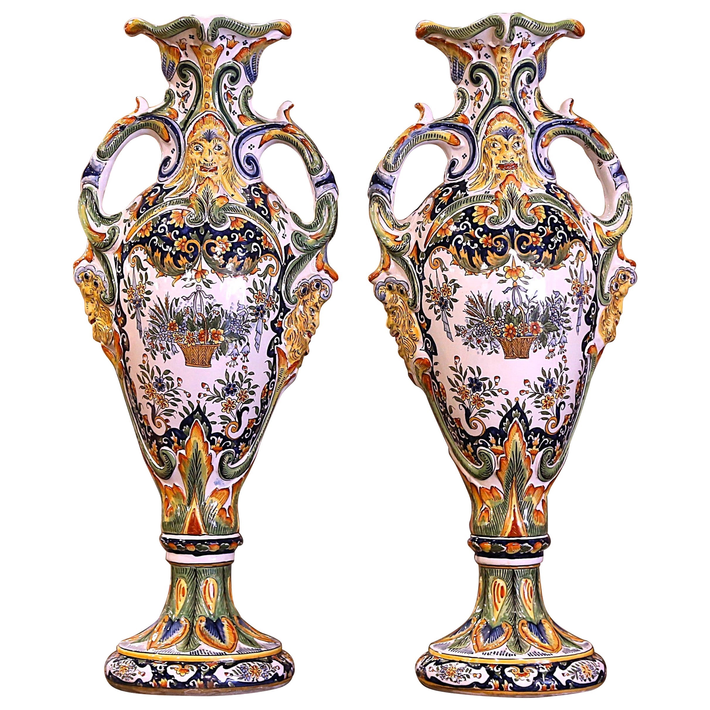Pair of Early 20th Century French Hand Painted Faience Vases from Rouen