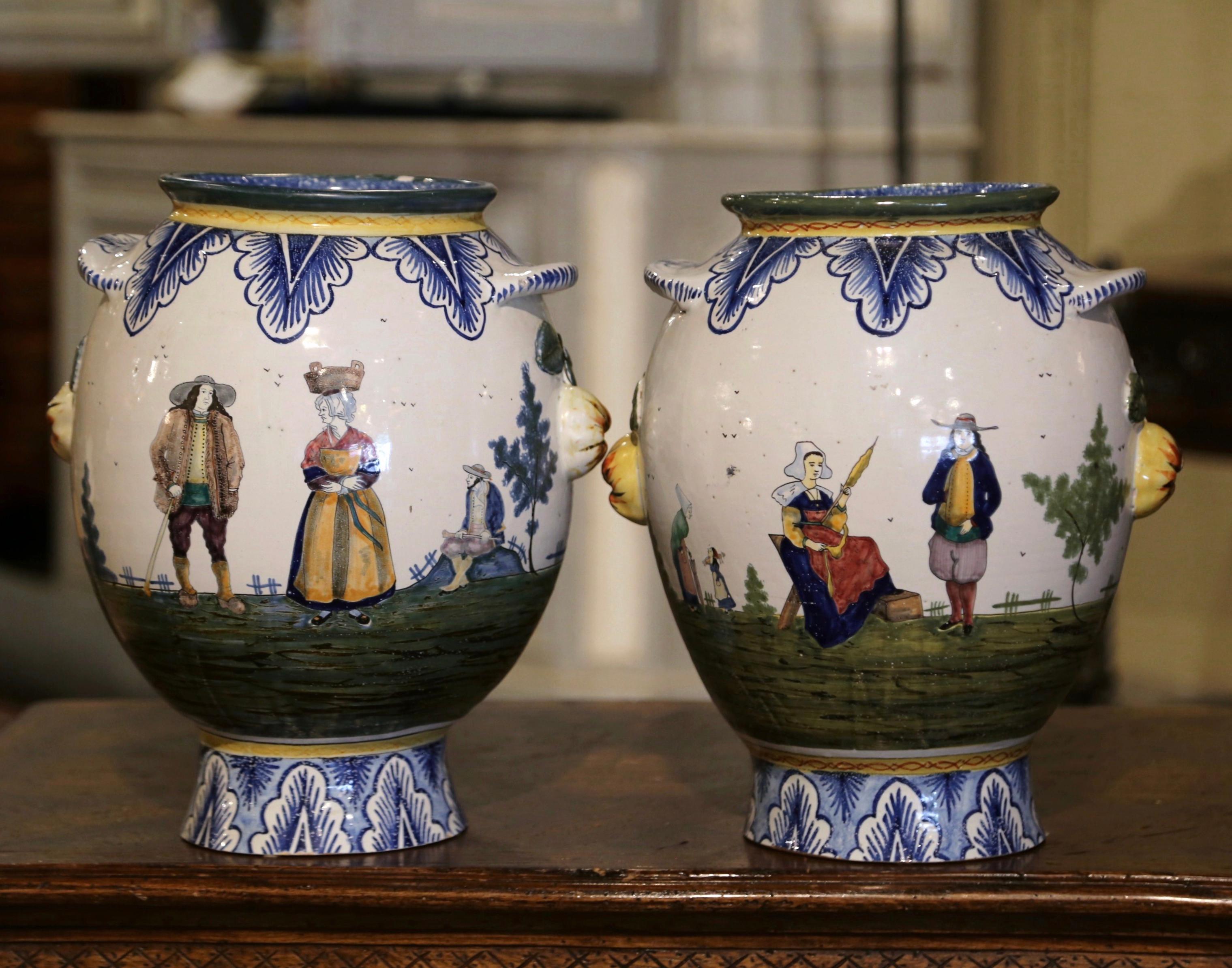 Ceramic Pair of Early 20th Century French Hand Painted Faience Vases Signed HB Quimper For Sale