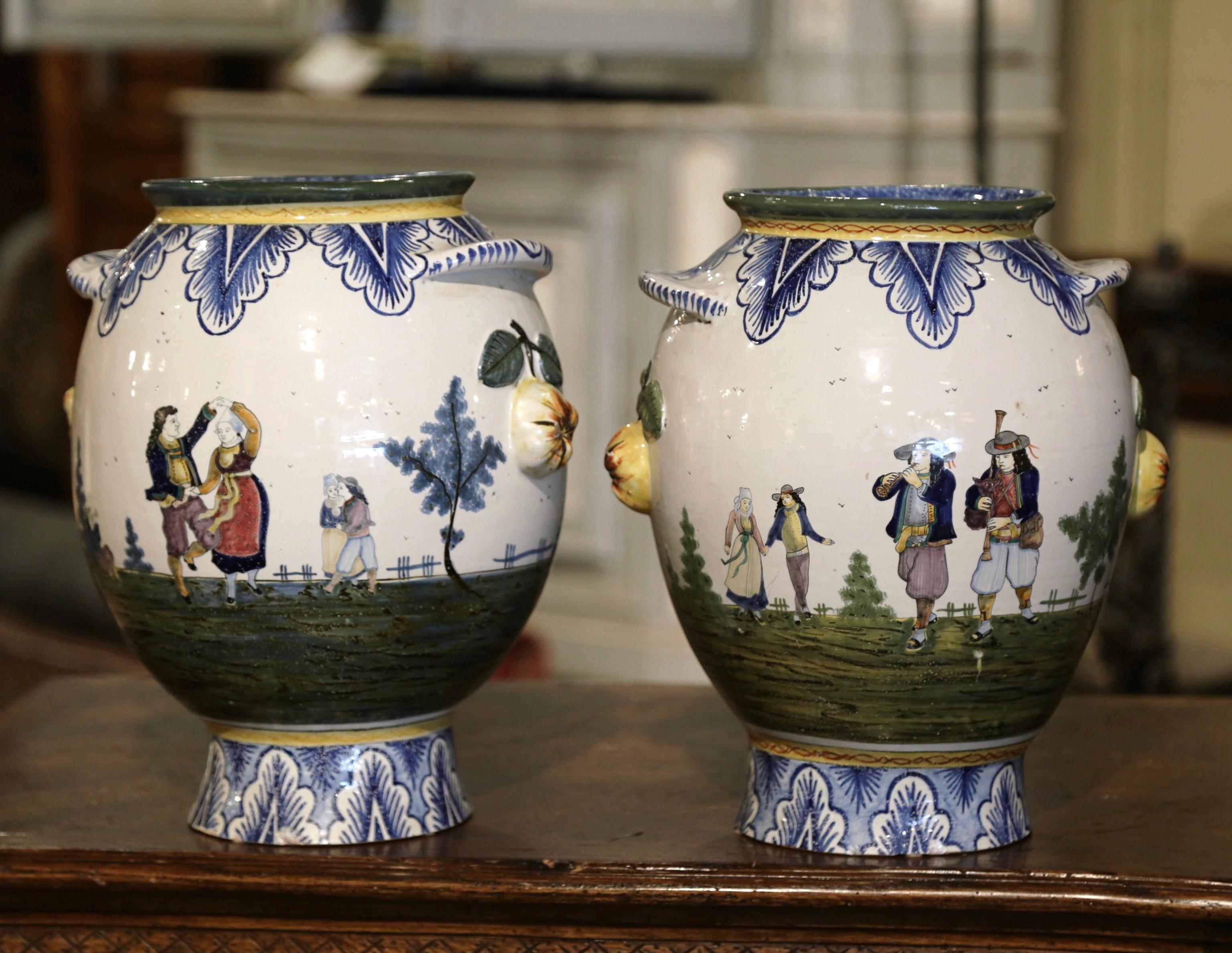 Pair of Early 20th Century French Hand Painted Faience Vases Signed HB Quimper For Sale 3