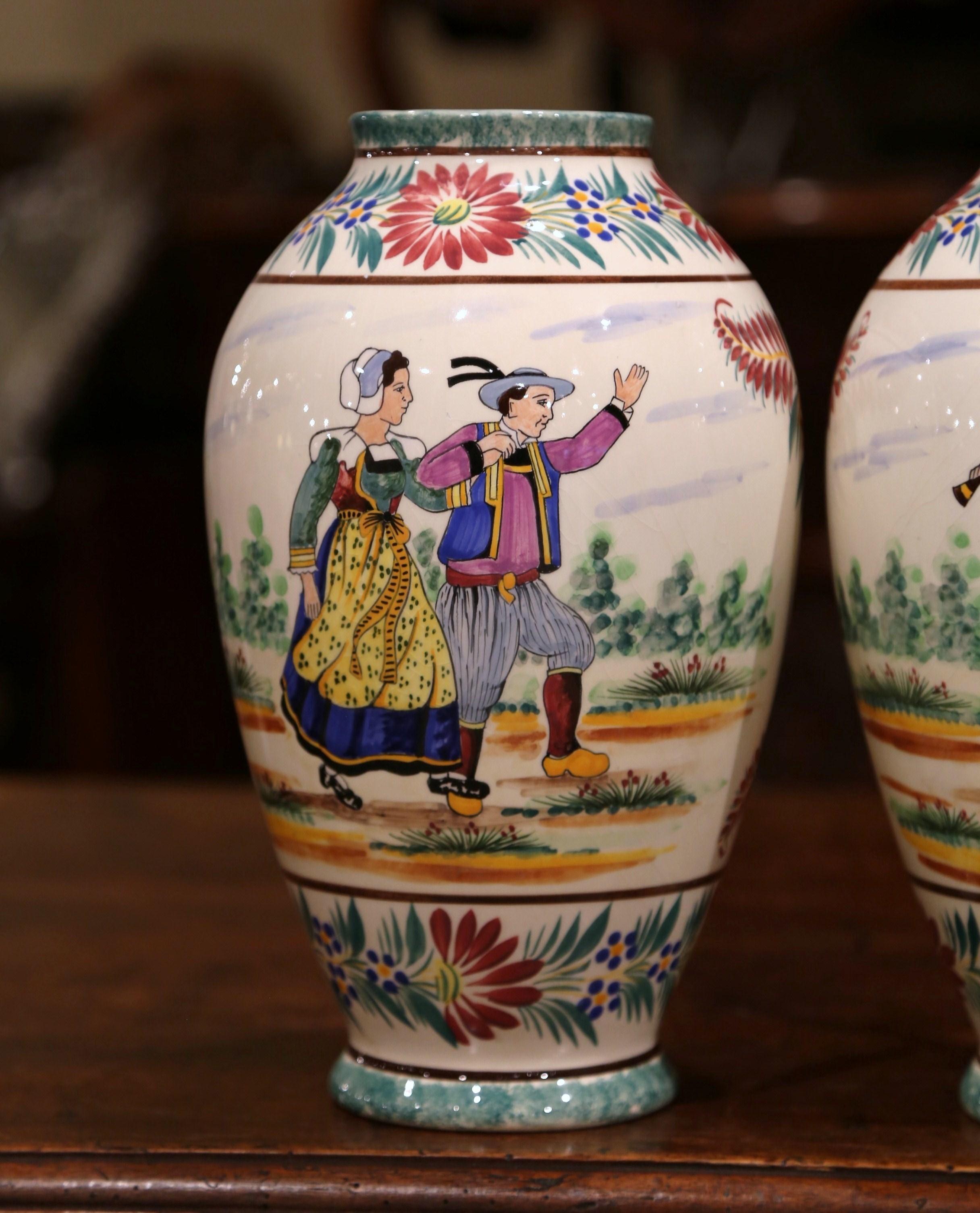 Hand-Crafted Pair of Early 20th Century French Hand Painted Faience Vases Signed HB Quimper