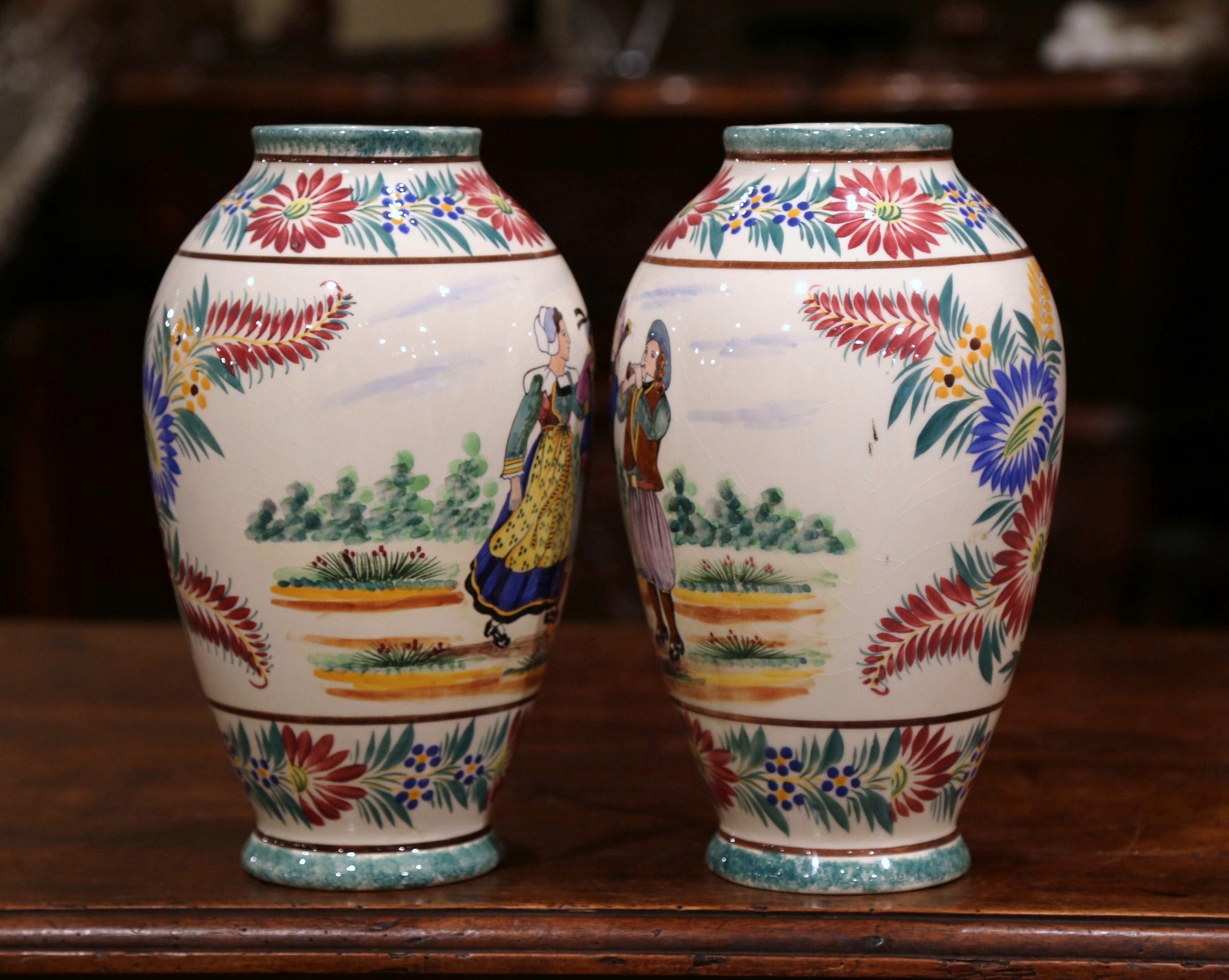Ceramic Pair of Early 20th Century French Hand Painted Faience Vases Signed HB Quimper