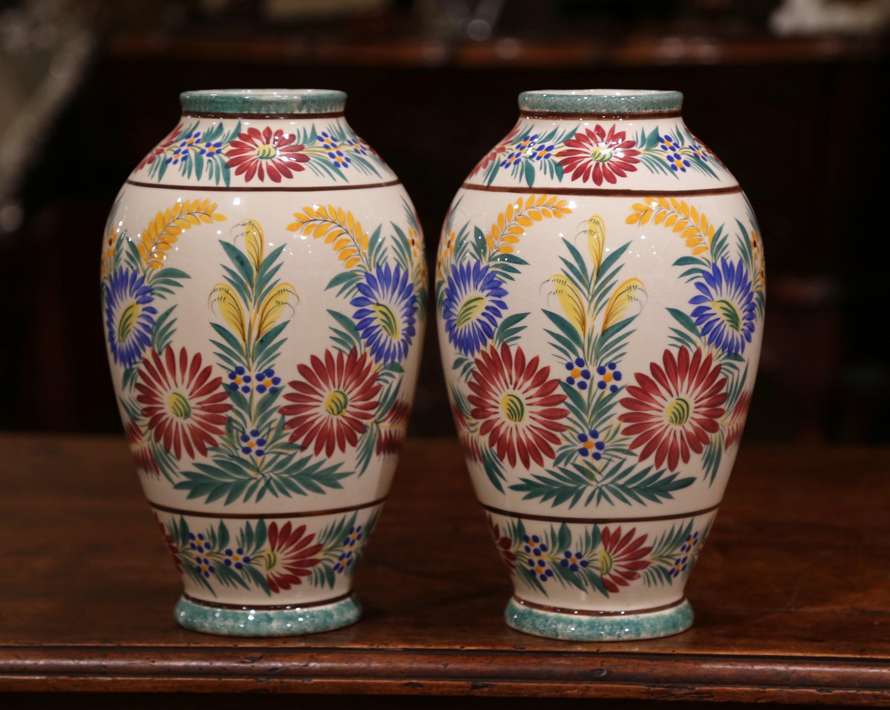 Pair of Early 20th Century French Hand Painted Faience Vases Signed HB Quimper 1