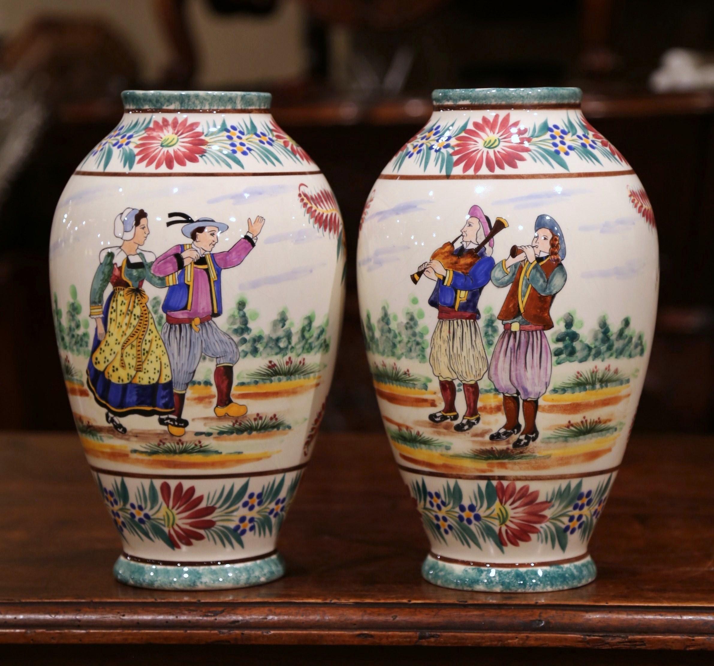 Pair of Early 20th Century French Hand Painted Faience Vases Signed HB Quimper 2