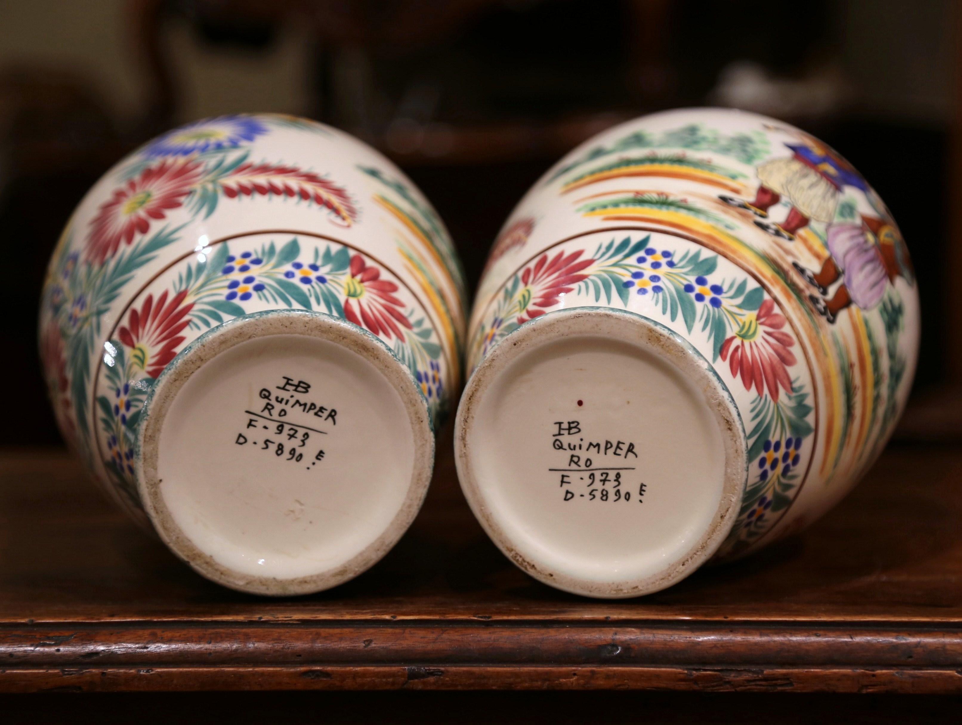 Pair of Early 20th Century French Hand Painted Faience Vases Signed HB Quimper 4