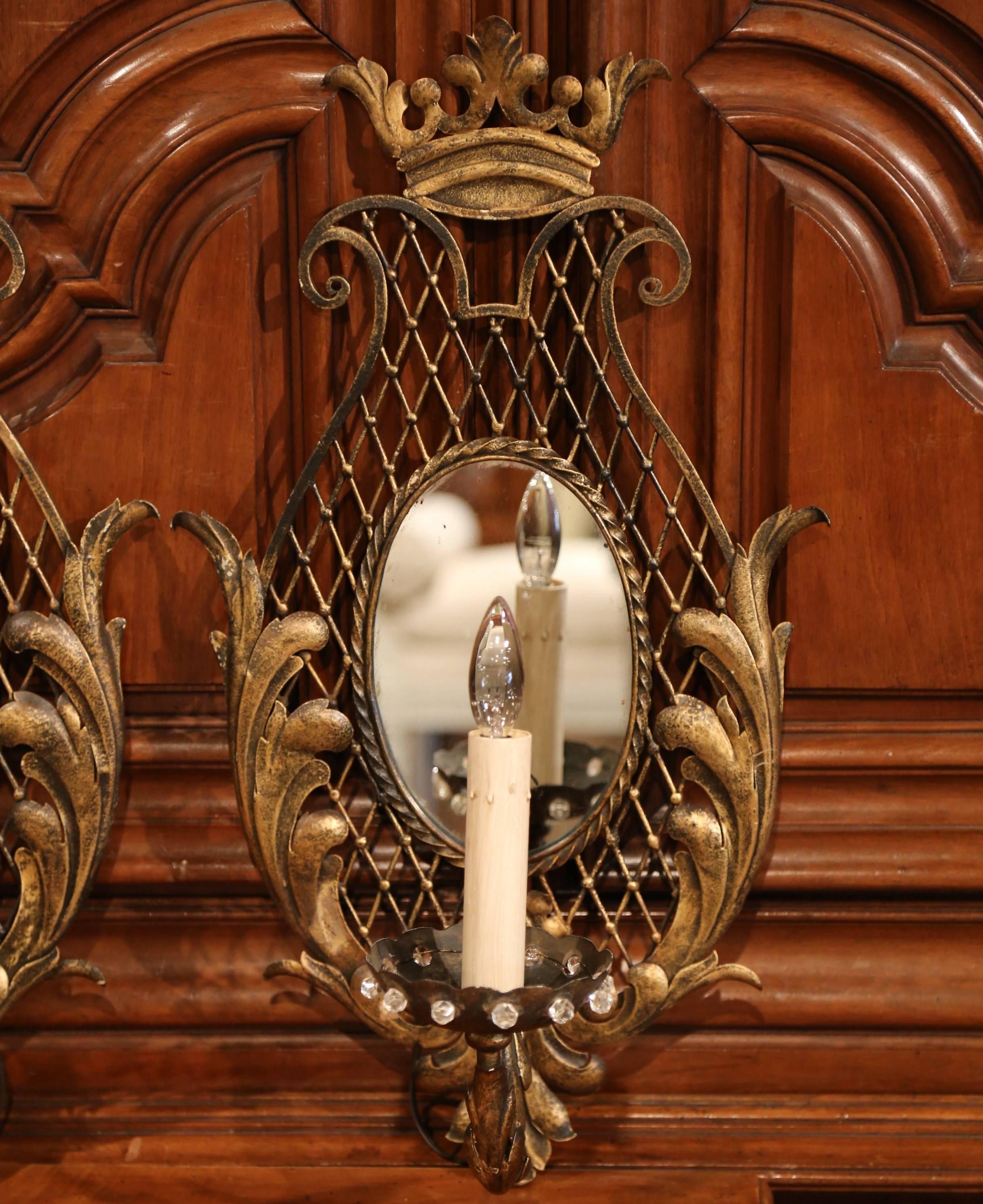 Hand-Crafted Pair of Early 20th Century French Iron Crystal and Mirrored Wall Sconces For Sale