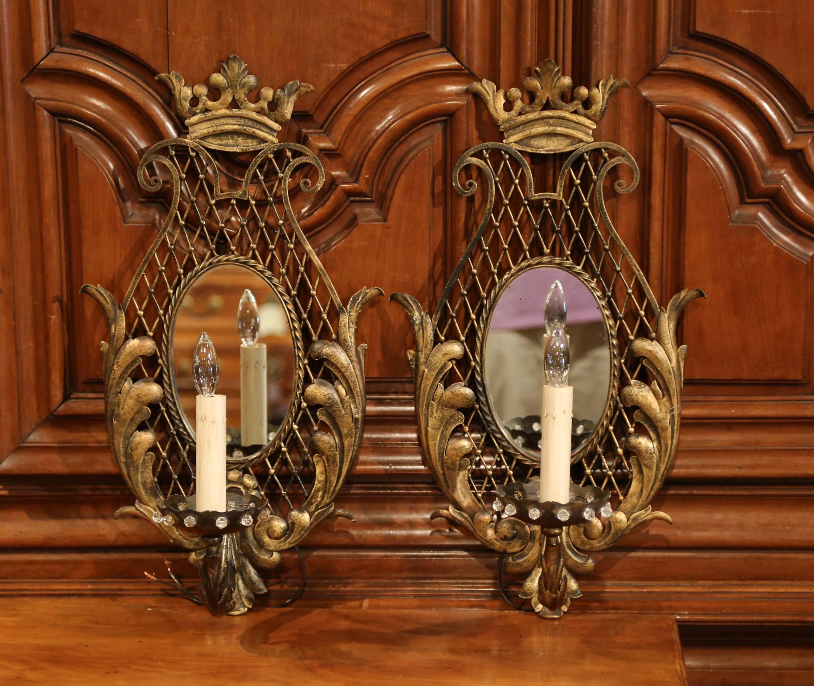 Pair of Early 20th Century French Iron Crystal and Mirrored Wall Sconces In Excellent Condition For Sale In Dallas, TX