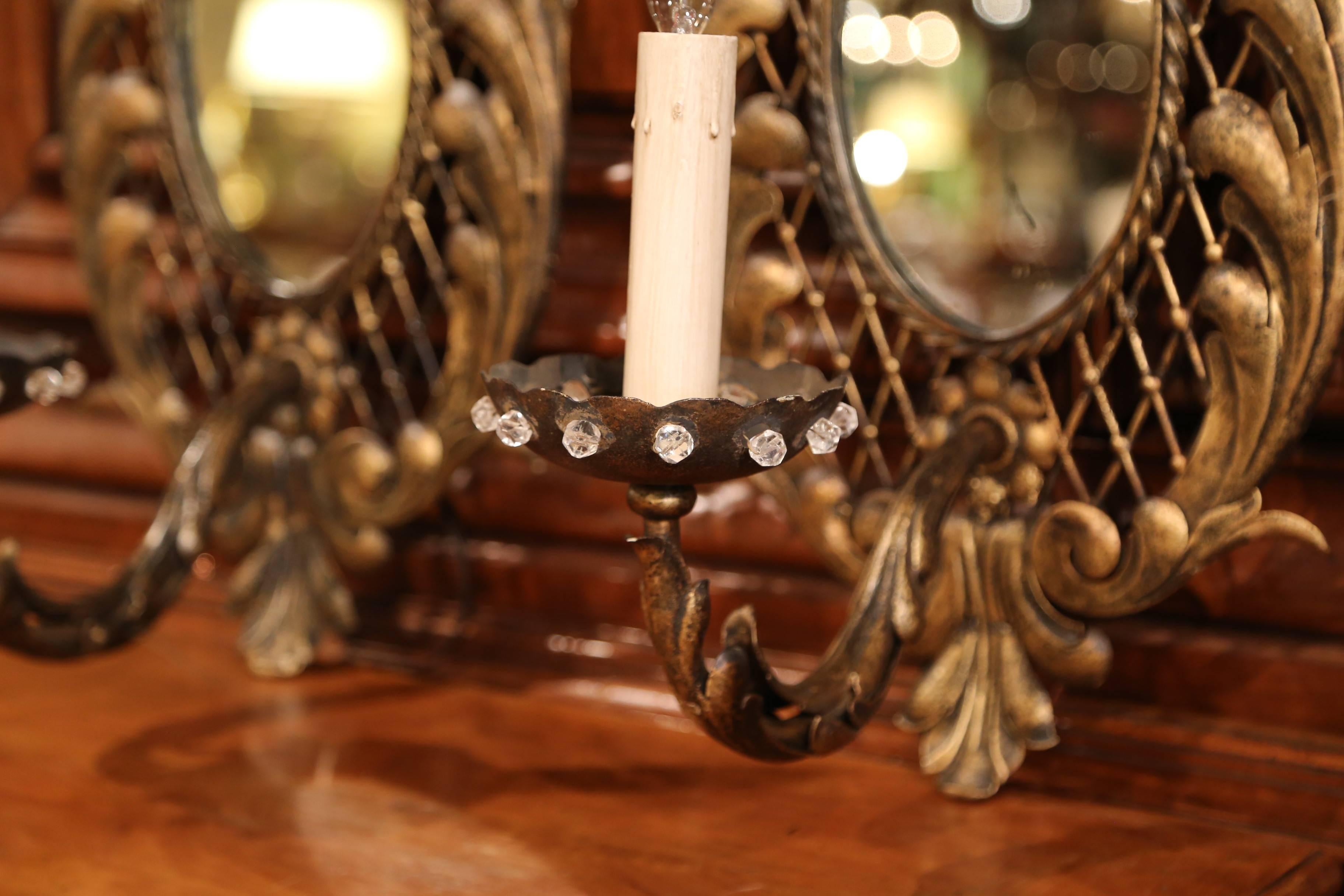 Pair of Early 20th Century French Iron Crystal and Mirrored Wall Sconces For Sale 1
