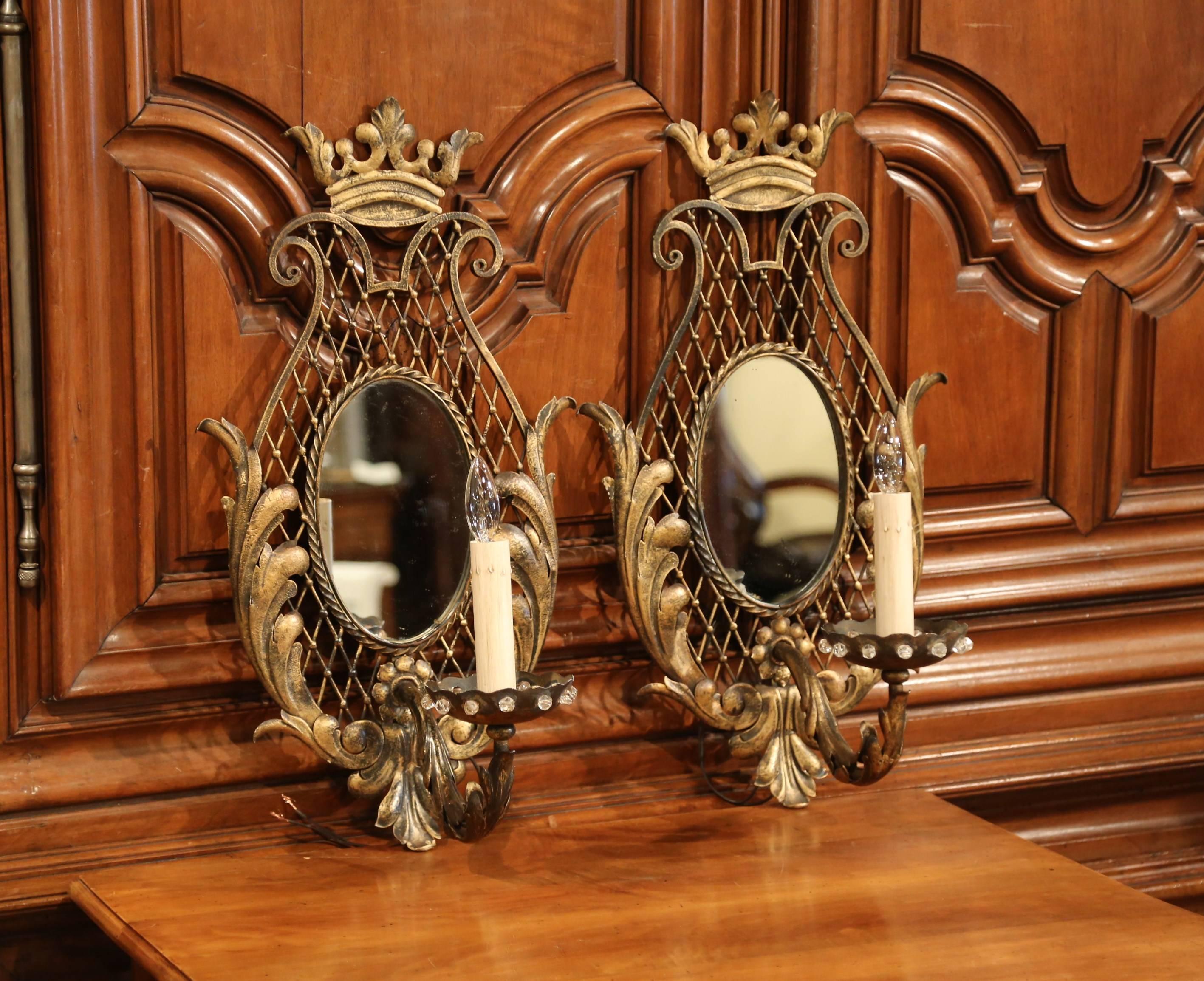 Pair of Early 20th Century French Iron Crystal and Mirrored Wall Sconces For Sale 2