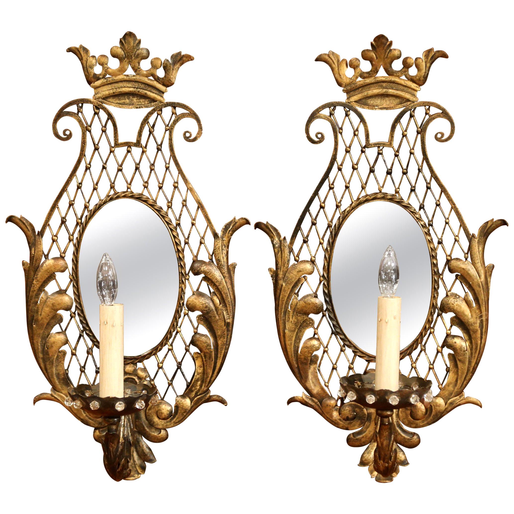 Pair of Early 20th Century French Iron Crystal and Mirrored Wall Sconces