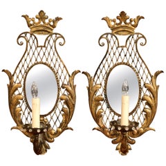 Antique Pair of Early 20th Century French Iron Crystal and Mirrored Wall Sconces