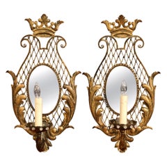 Pareja de Apliques Franceses de Hierro, Cristal y Espejo de Principios del Siglo XX
