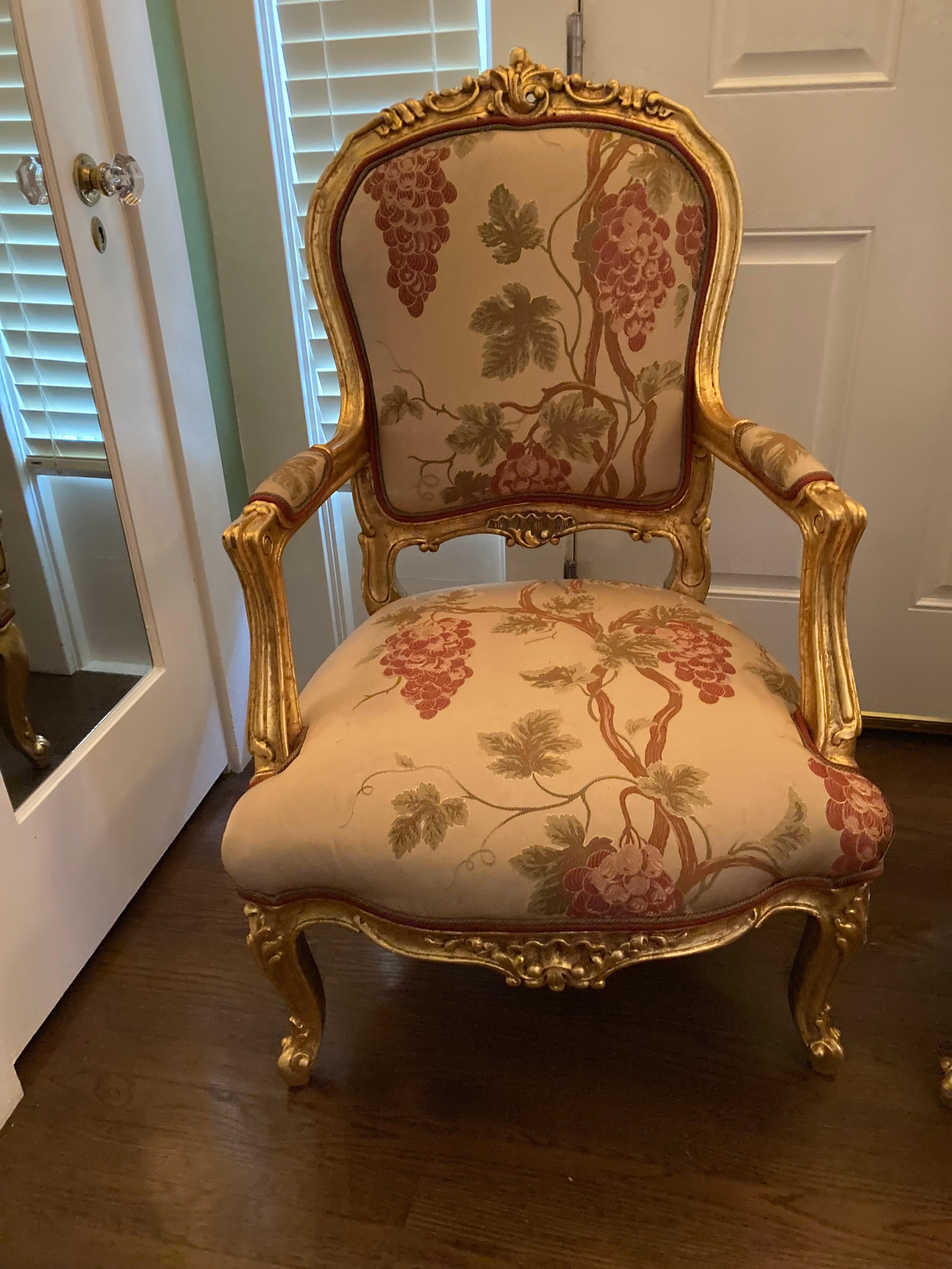 Pair of 20th century French large scale giltwood Fauteils of Rococo design.
Custom covered in a Rubelli Lampas Fabric.

This posting is for the cost of the chairs only.

 