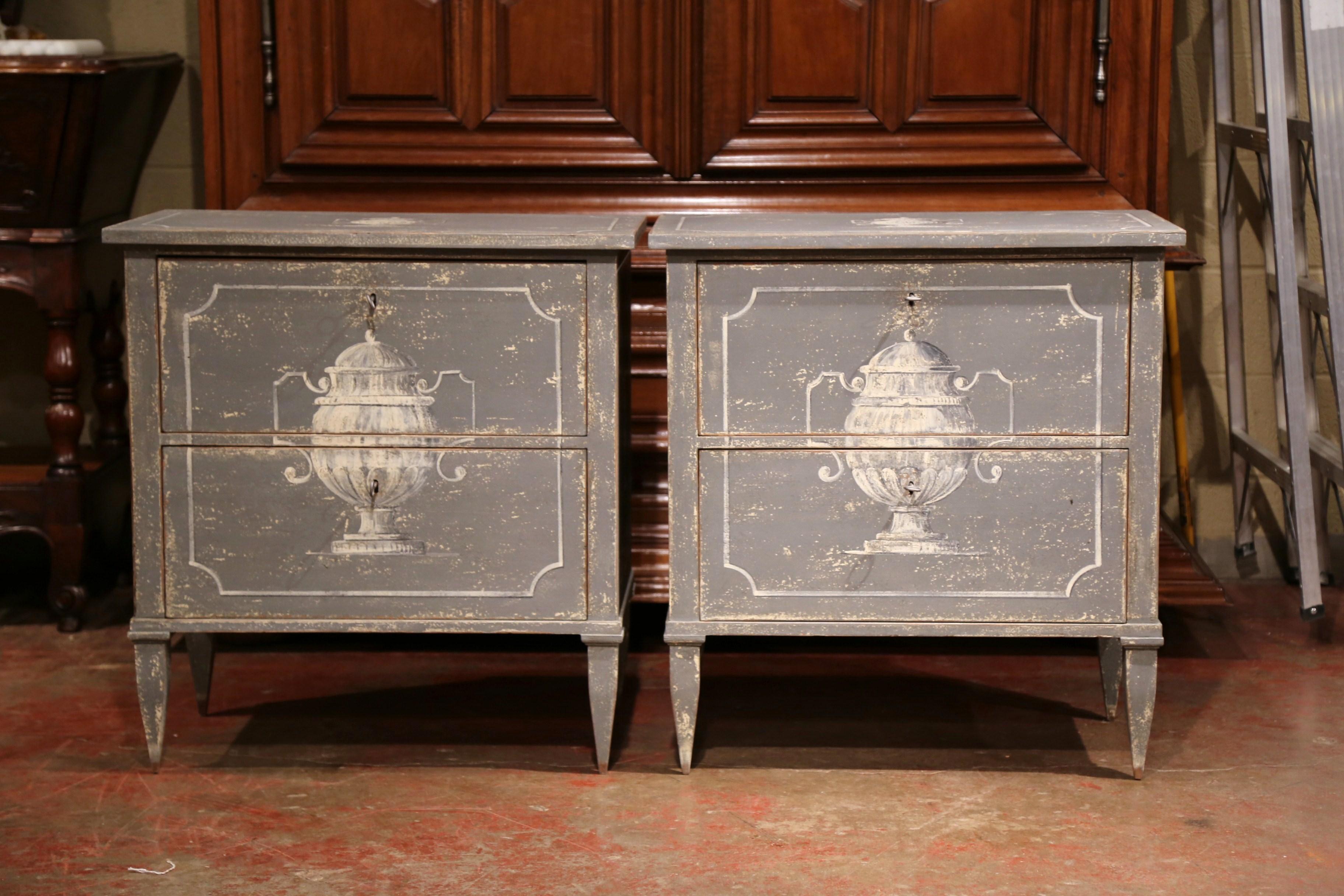 Hand-Painted Pair of Early 20th Century French Louis Philippe Painted Nightstands or Commodes