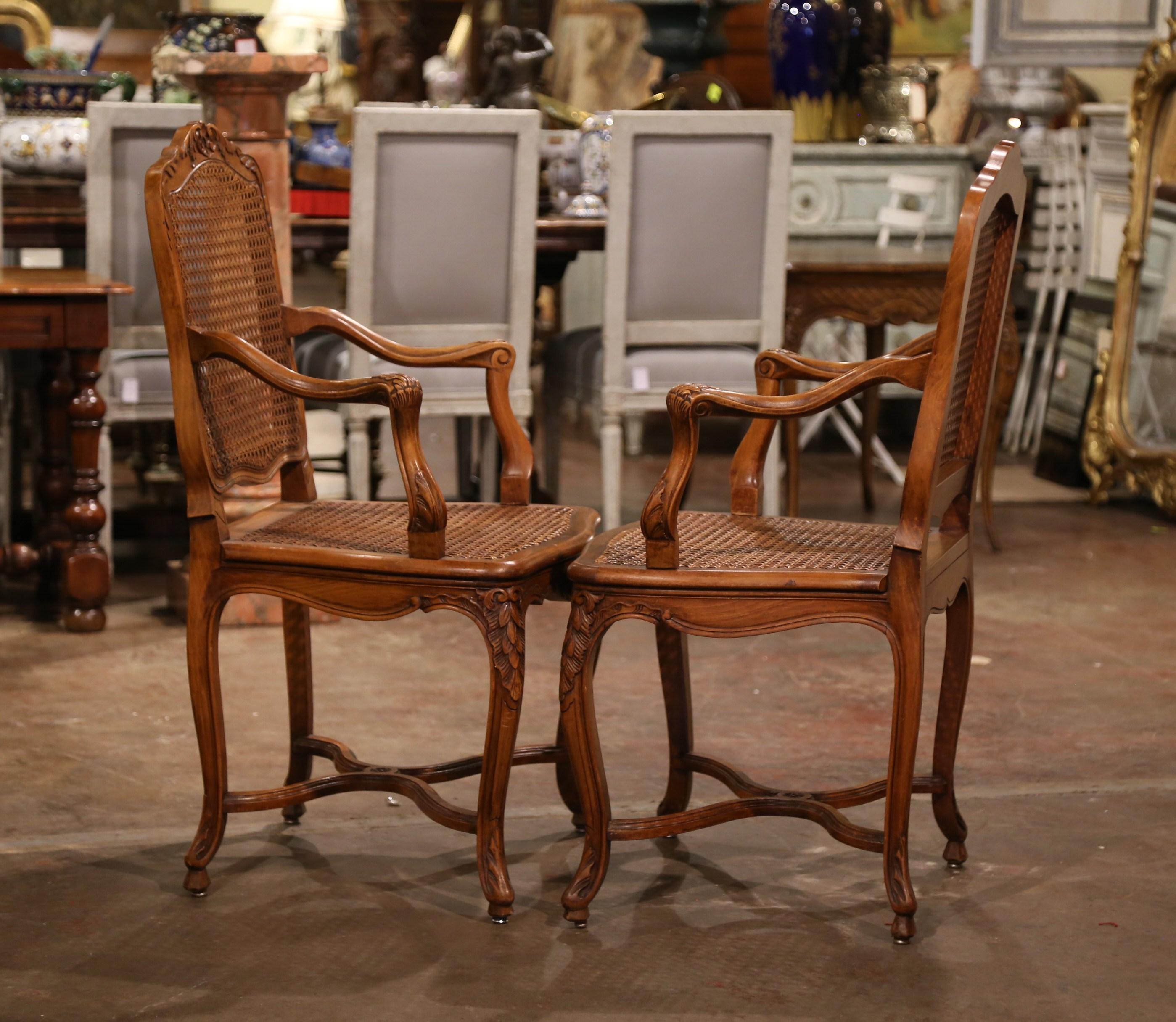 Pair of Early 20th Century French Louis XV Carved Walnut and Cane Armchairs 6
