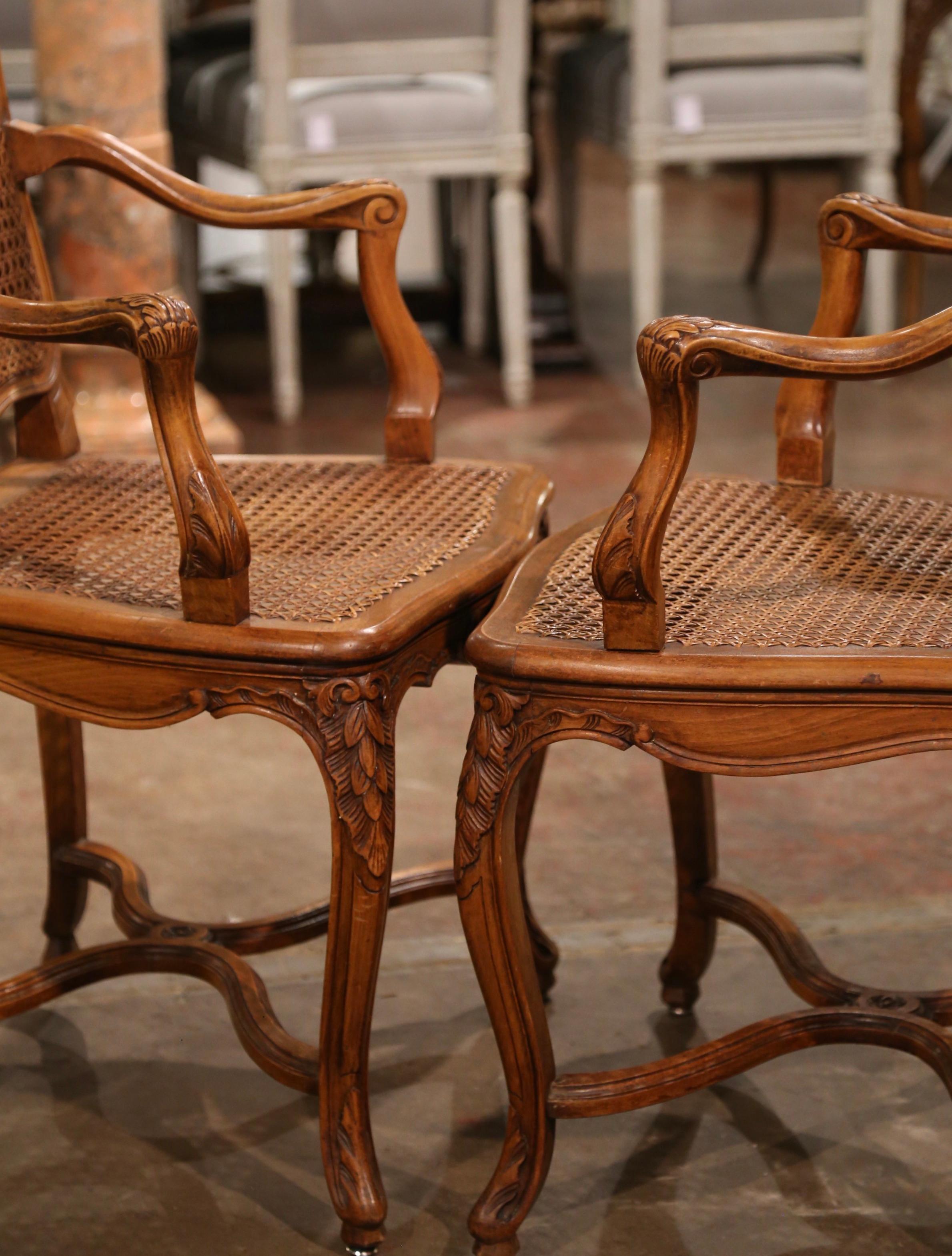 Pair of Early 20th Century French Louis XV Carved Walnut and Cane Armchairs 7