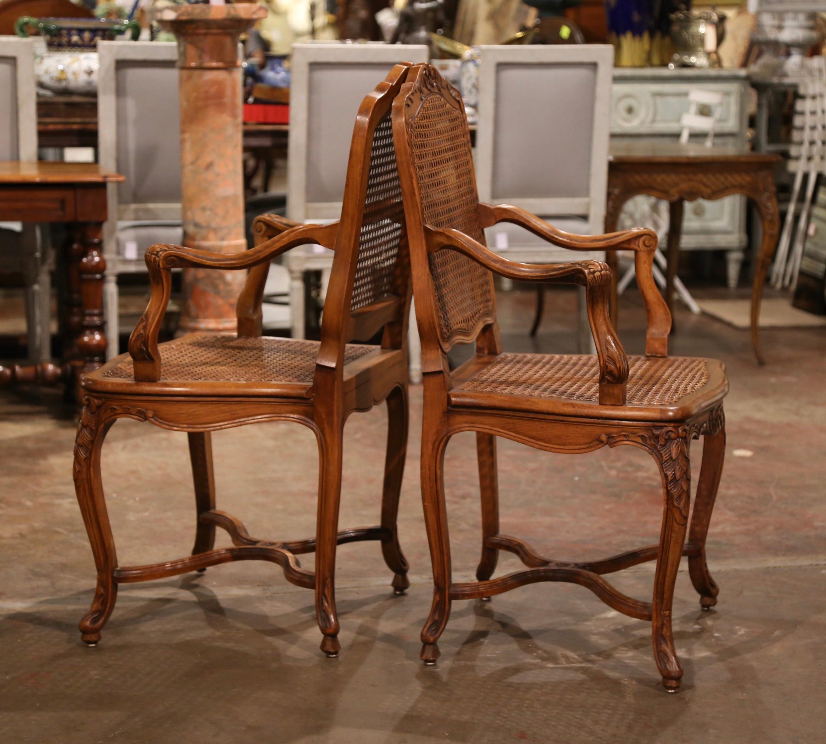 Pair of Early 20th Century French Louis XV Carved Walnut and Cane Armchairs 8
