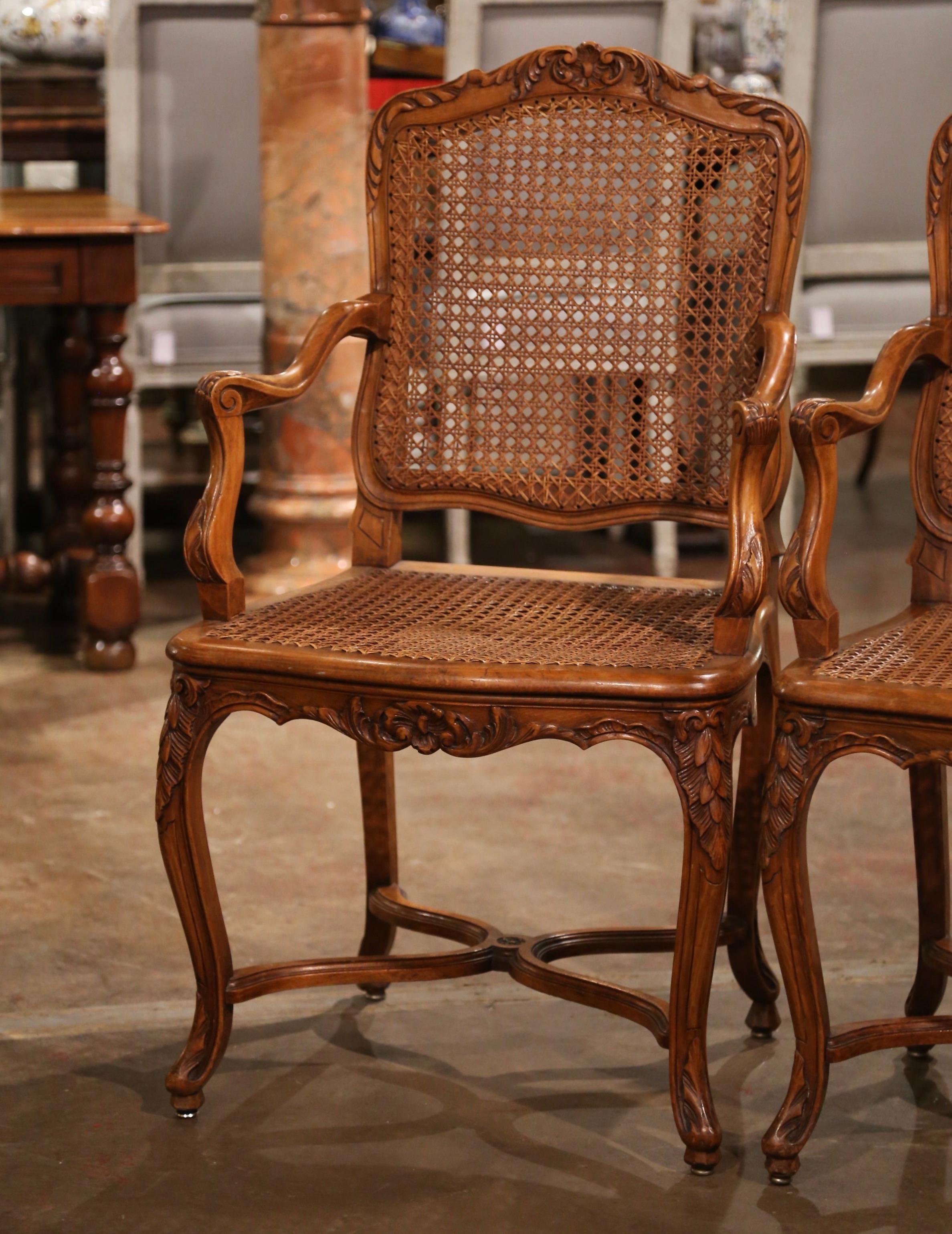 Pair of Early 20th Century French Louis XV Carved Walnut and Cane Armchairs 2