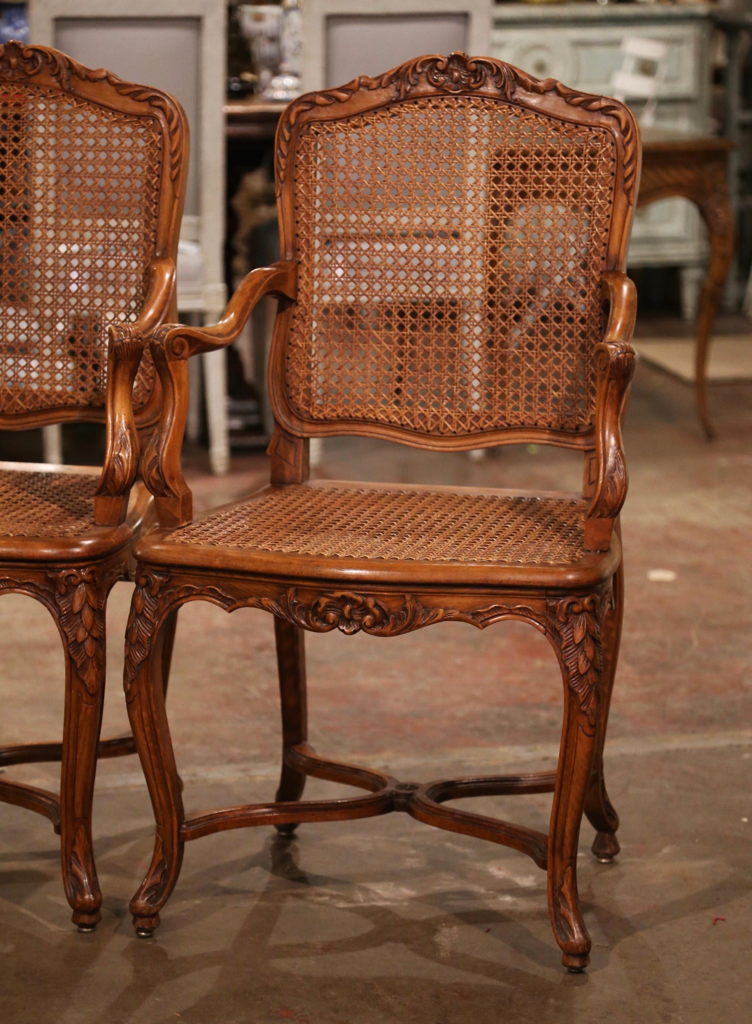 Pair of Early 20th Century French Louis XV Carved Walnut and Cane Armchairs 3