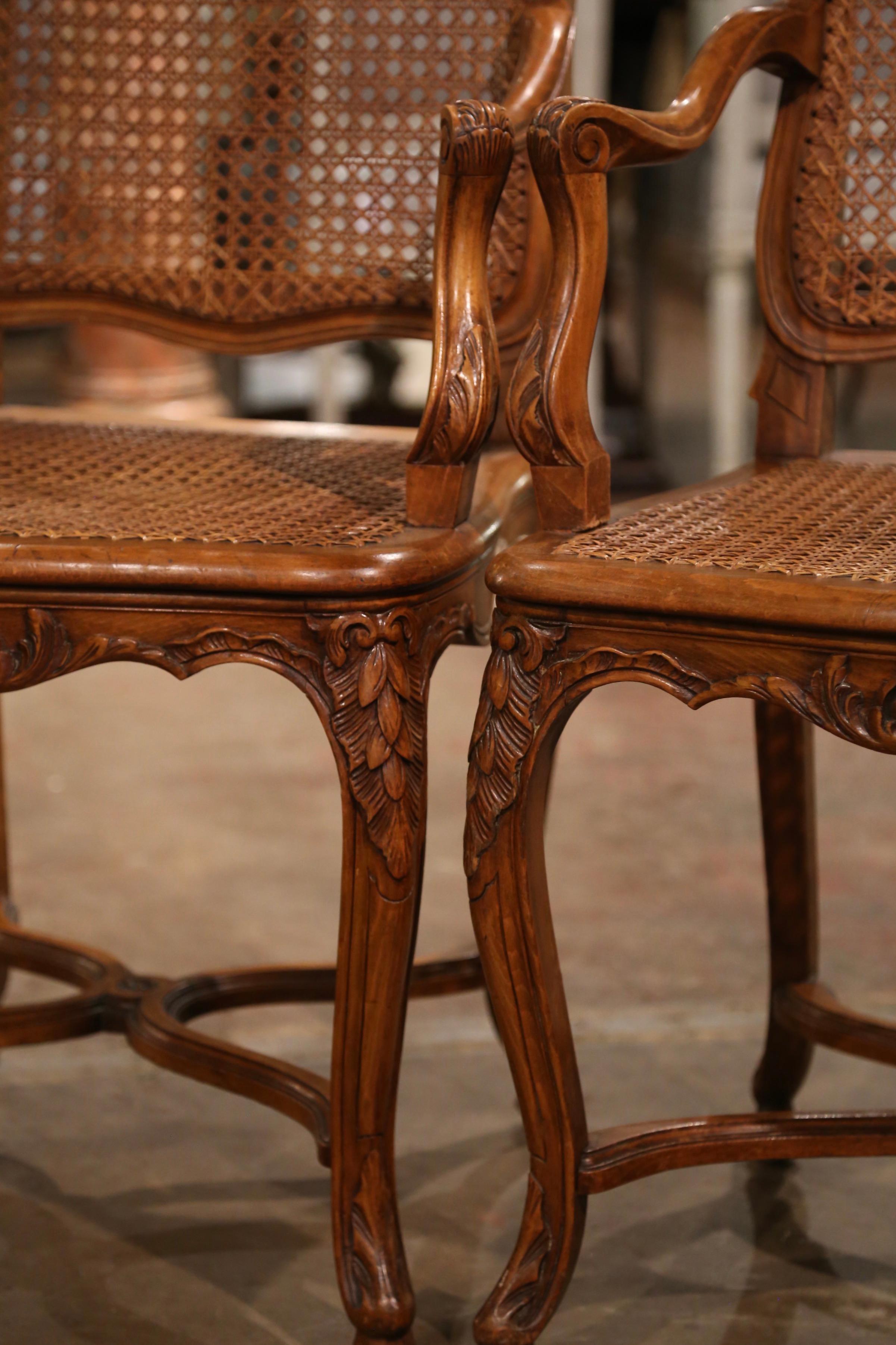 Pair of Early 20th Century French Louis XV Carved Walnut and Cane Armchairs 5