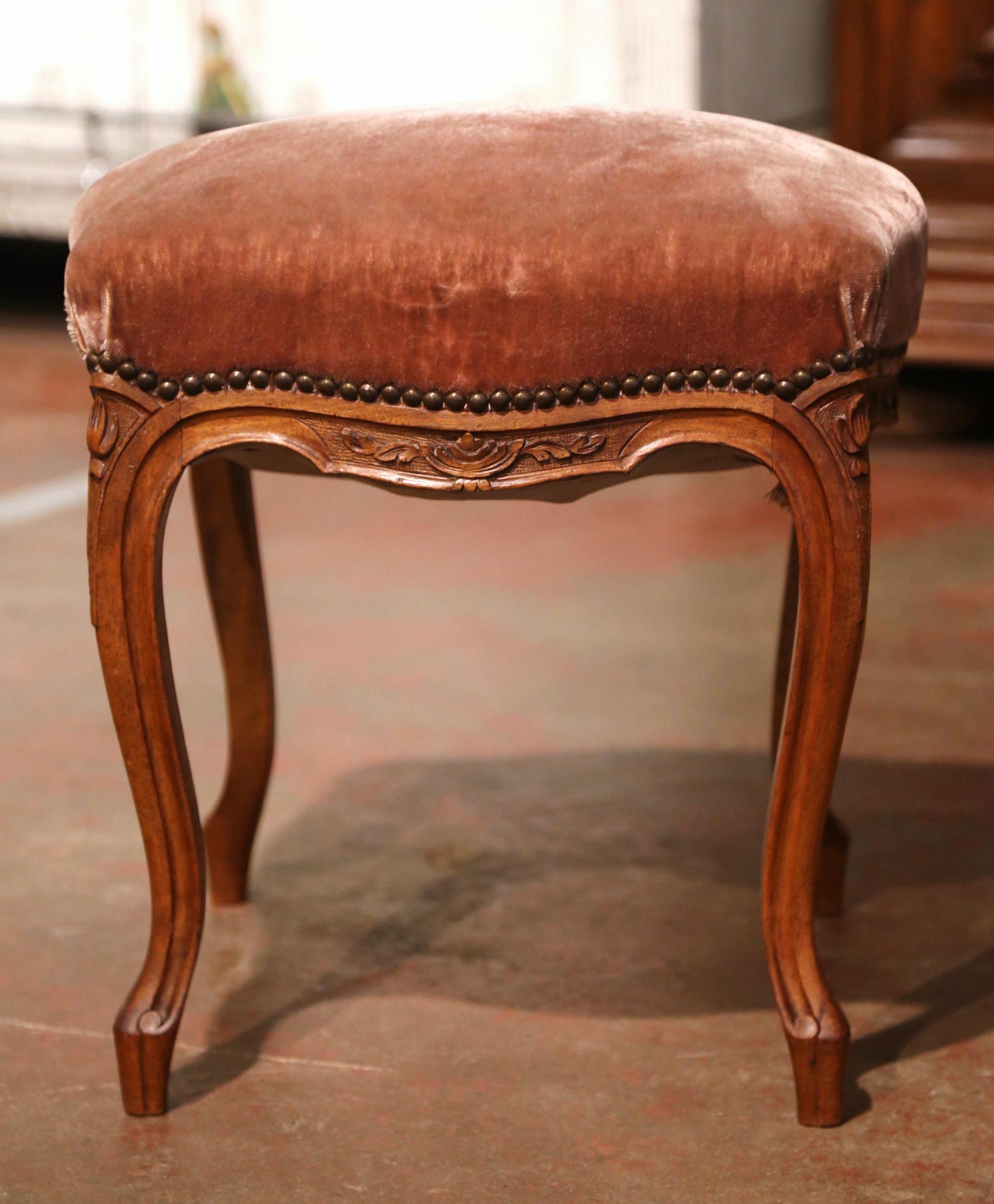 Pair of Early 20th Century French Louis XV Carved Walnut and Velvet Stools 1