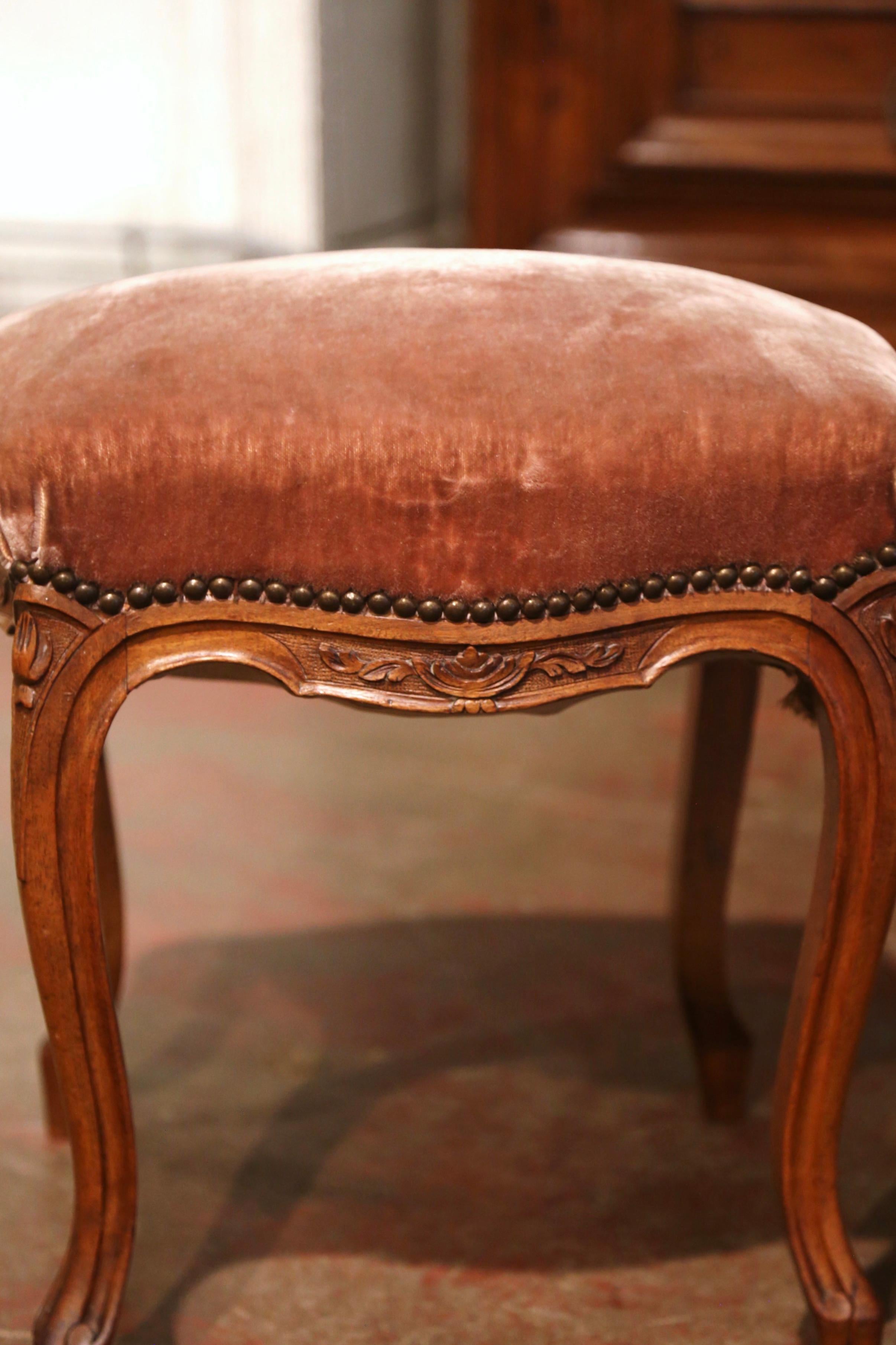 Pair of Early 20th Century French Louis XV Carved Walnut and Velvet Stools 2