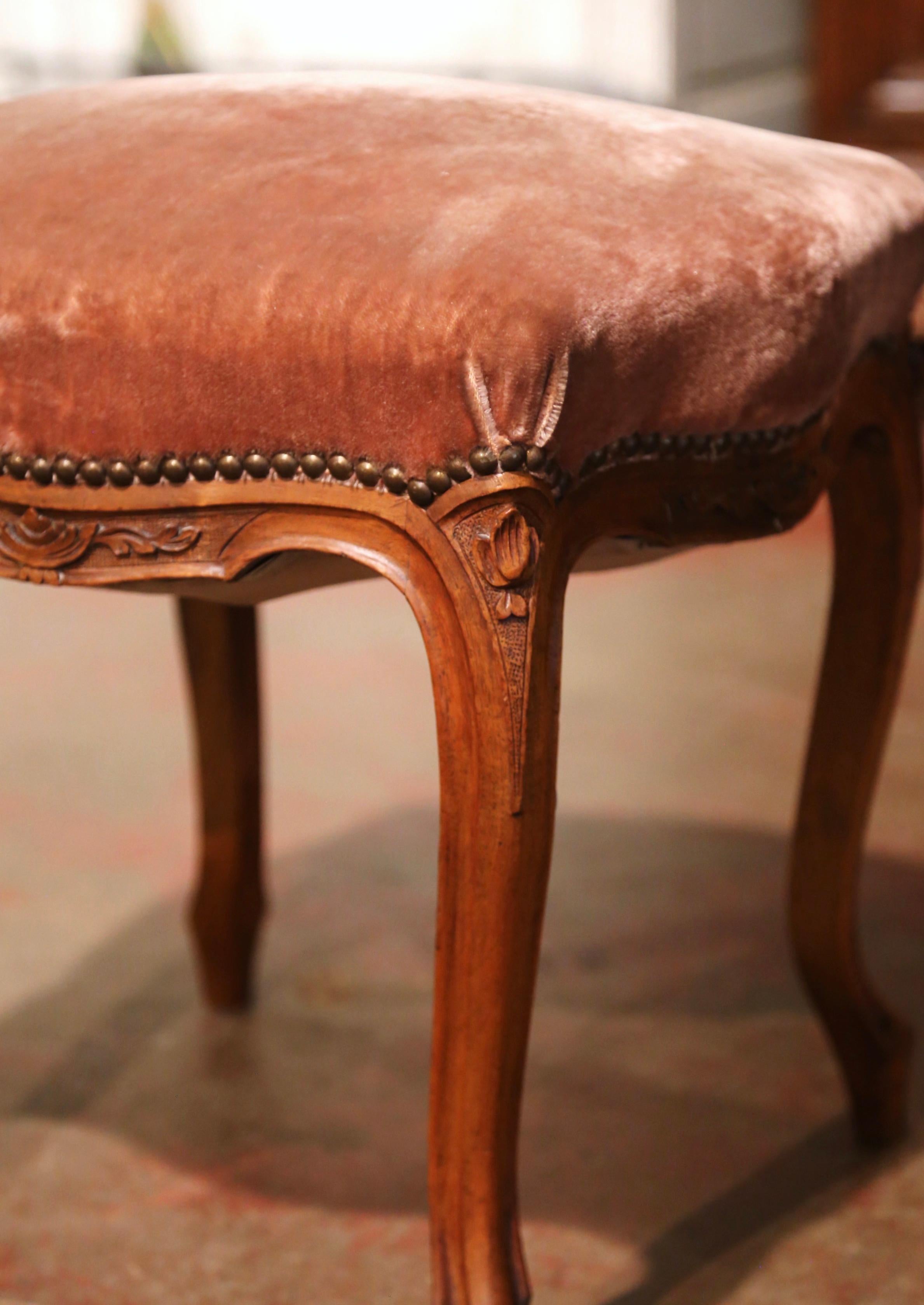 Pair of Early 20th Century French Louis XV Carved Walnut and Velvet Stools 4