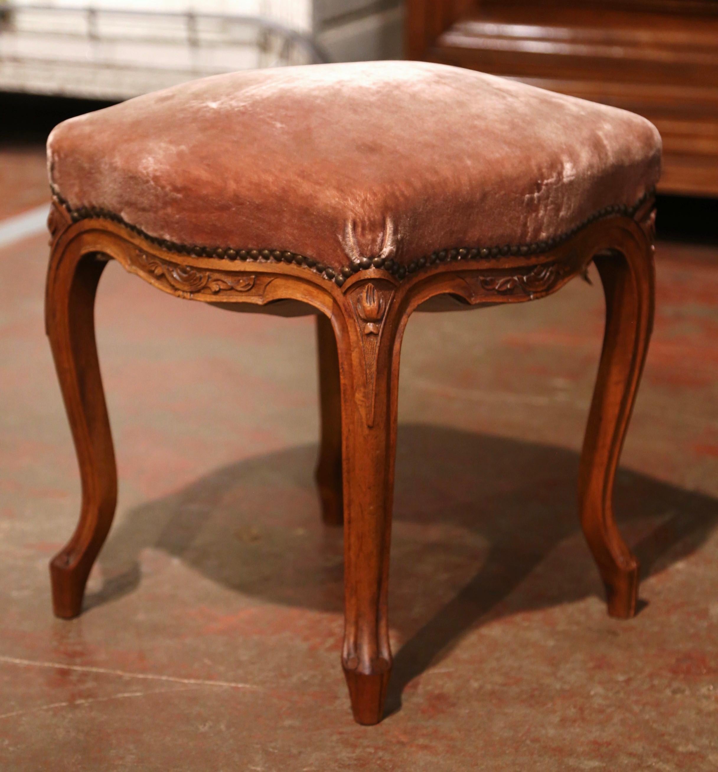 Pair of Early 20th Century French Louis XV Carved Walnut and Velvet Stools 5
