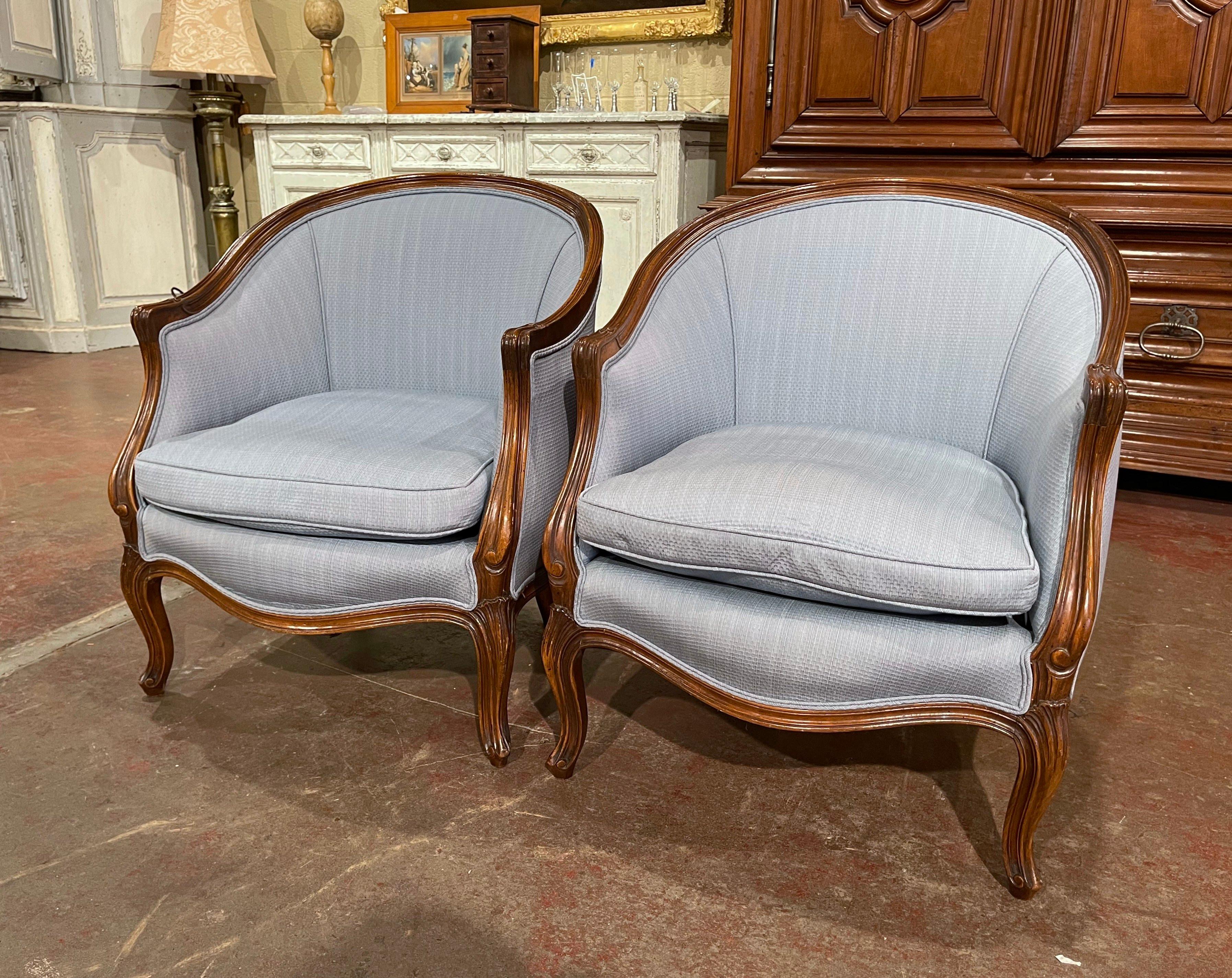 Fabric Pair of Early 20th Century French Louis XV Carved Walnut 