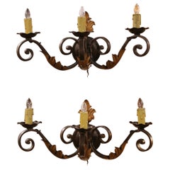 Pair of Early 20th Century French Louis XV Forged Iron Three-Light Wall Sconces