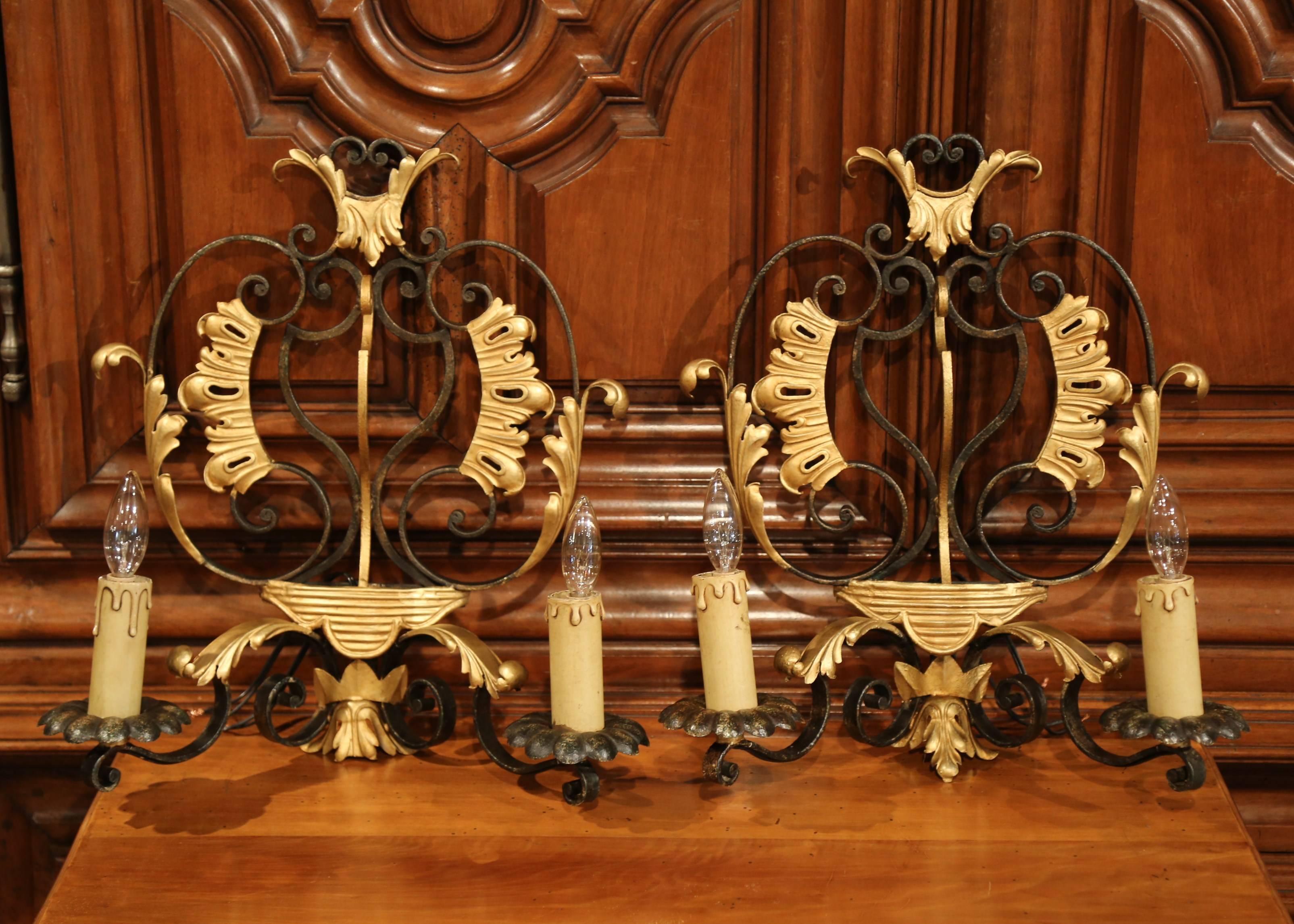 Pair of Early 20th Century French Louis XV Painted Iron Two-Light Wall Sconces In Excellent Condition For Sale In Dallas, TX