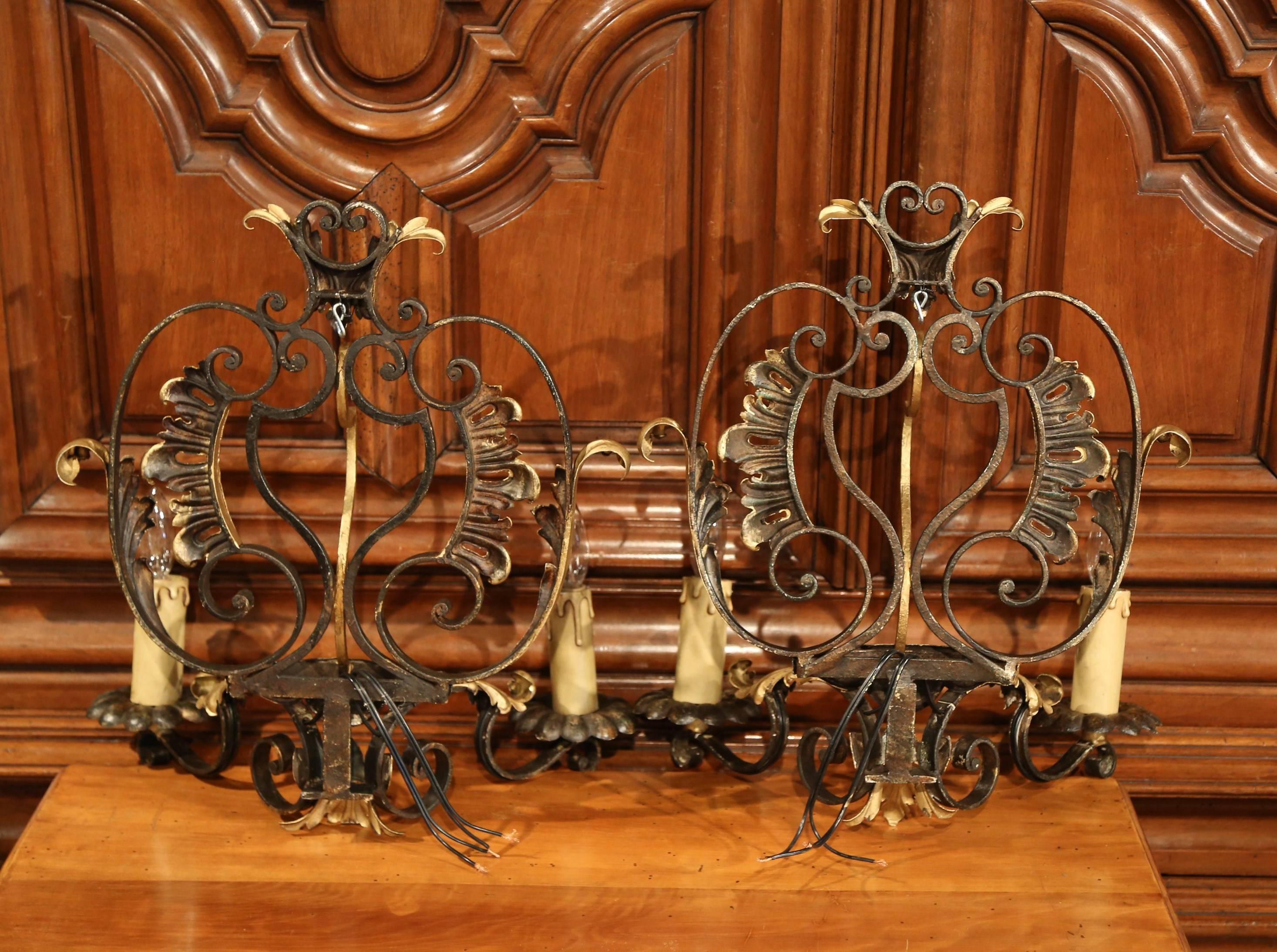 Pair of Early 20th Century French Louis XV Painted Iron Two-Light Wall Sconces For Sale 2