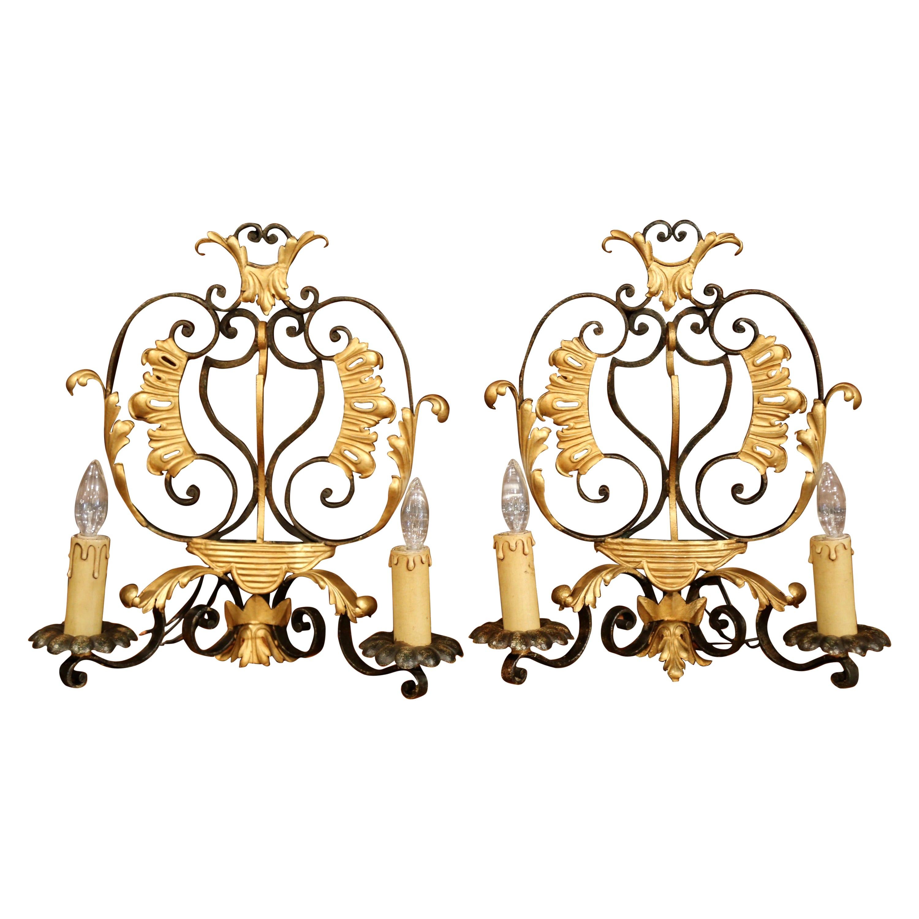 Pair of Early 20th Century French Louis XV Painted Iron Two-Light Wall Sconces For Sale
