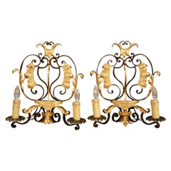 Pair of Early 20th Century French Louis XV Painted Iron Two-Light Wall Sconces