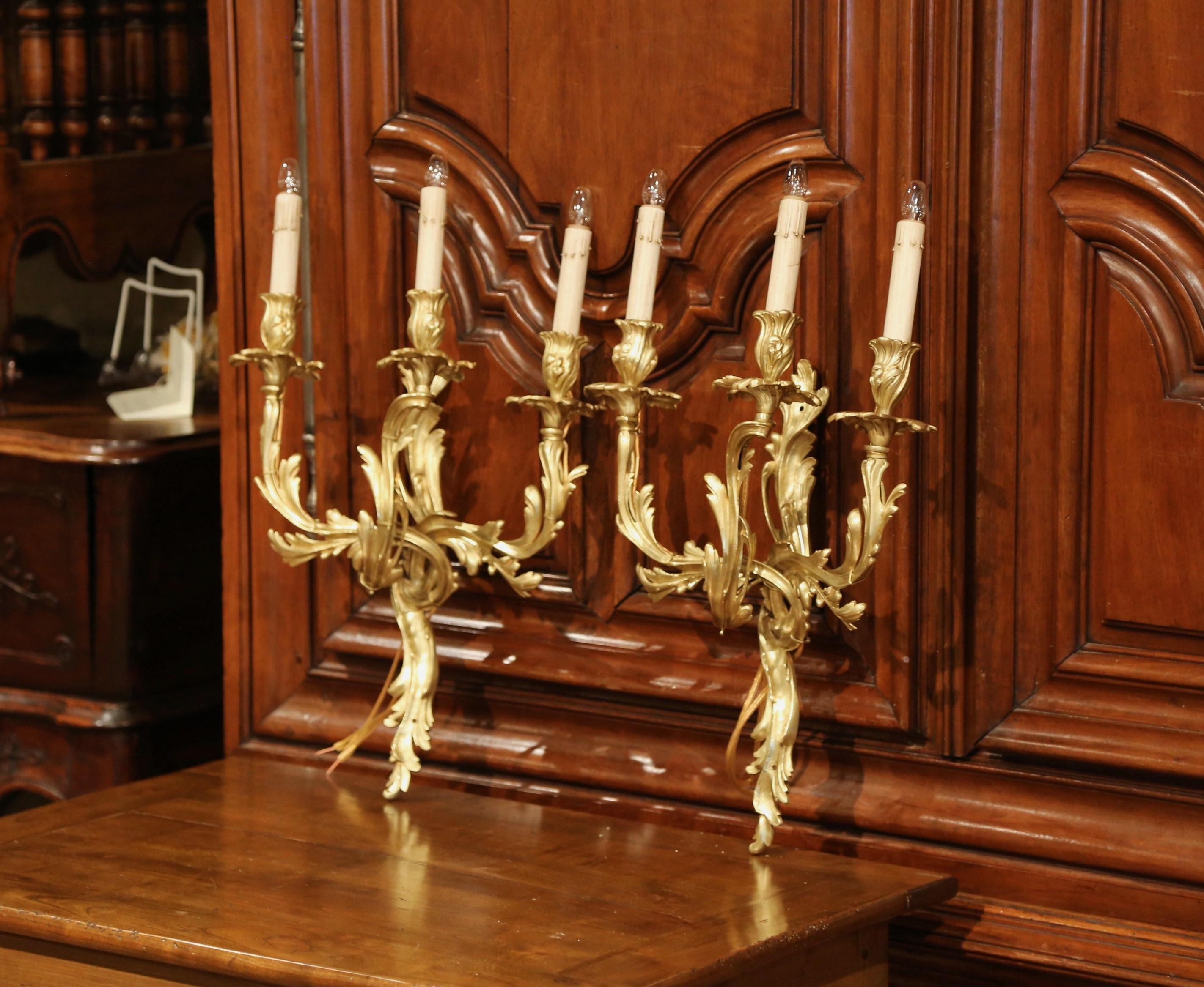 19th Century Pair of Early 20th Century French Louis XV Three-Light Gilt Bronze Wall Sconces