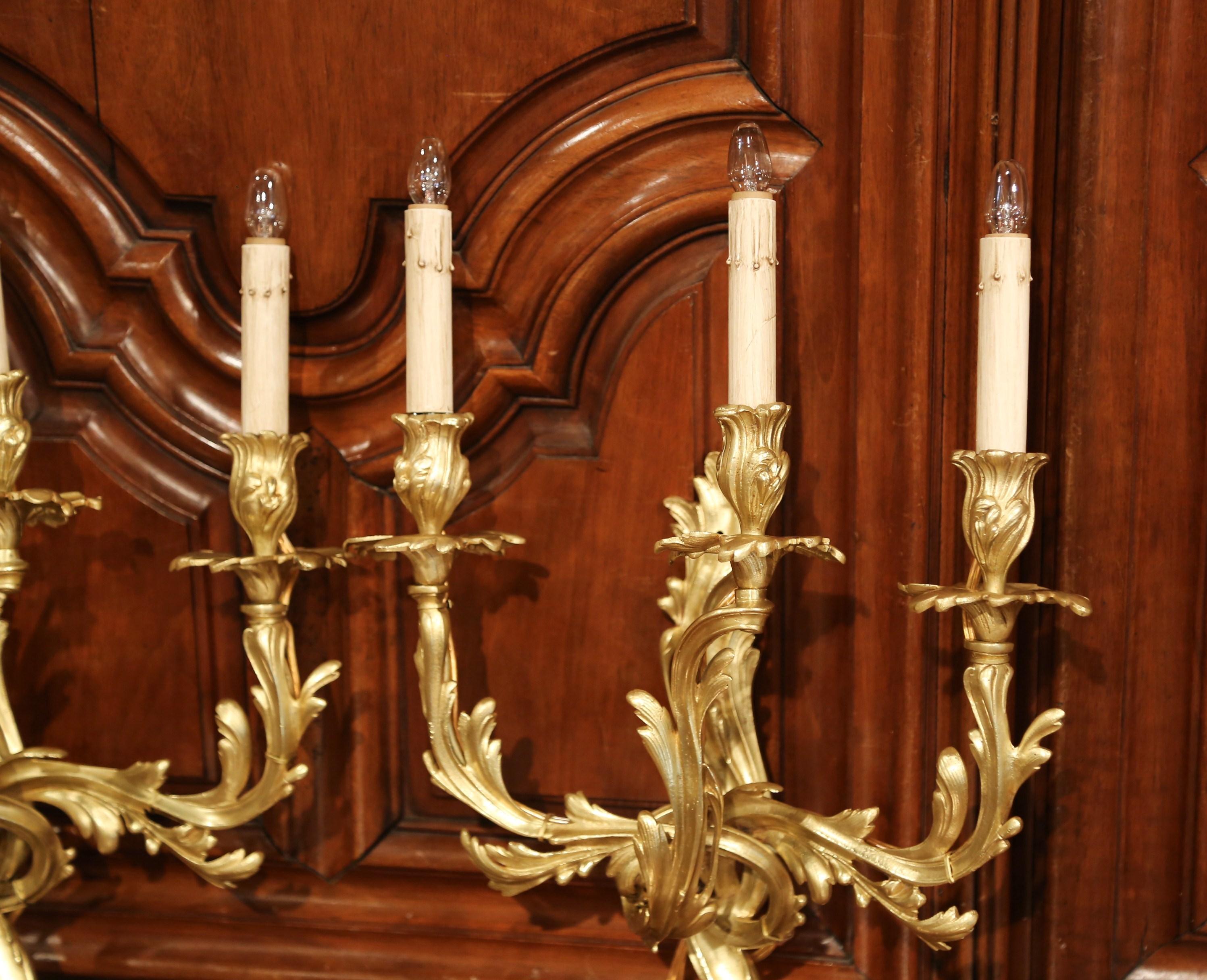 Pair of Early 20th Century French Louis XV Three-Light Gilt Bronze Wall Sconces 1