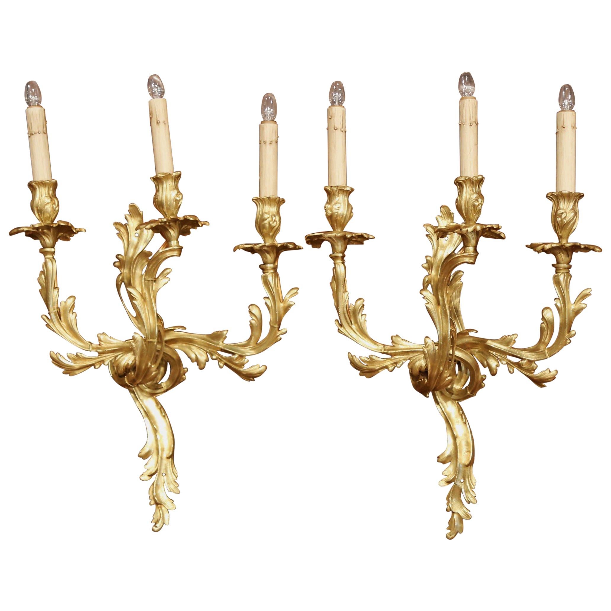 Pair of Early 20th Century French Louis XV Three-Light Gilt Bronze Wall Sconces