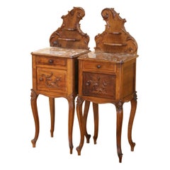 Pair of Early 20th Century French Louis XV Walnut Marble-Top Bedside Tables