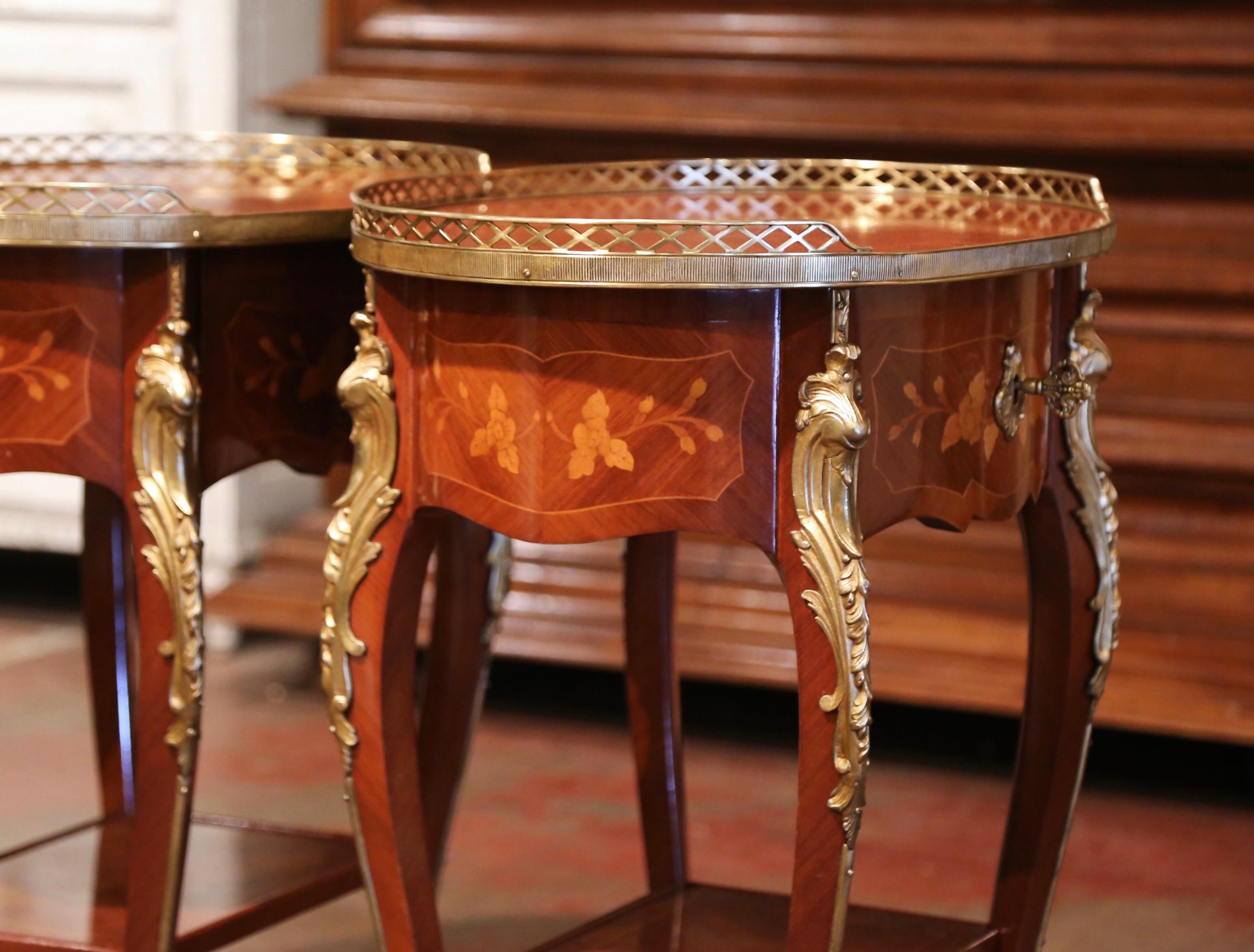 Pair of Early 20th Century French Louis XV Walnut Marquetry & Brass Side Tables 5